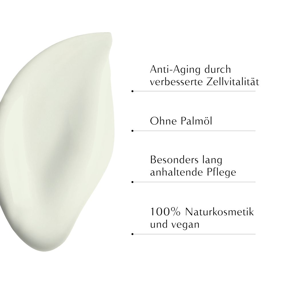 Produkt-Tropfen. Text: Anti-Aging, ohne Palmöl, langanhaltende Pflege, 100% Naturkosmetik und vegan.