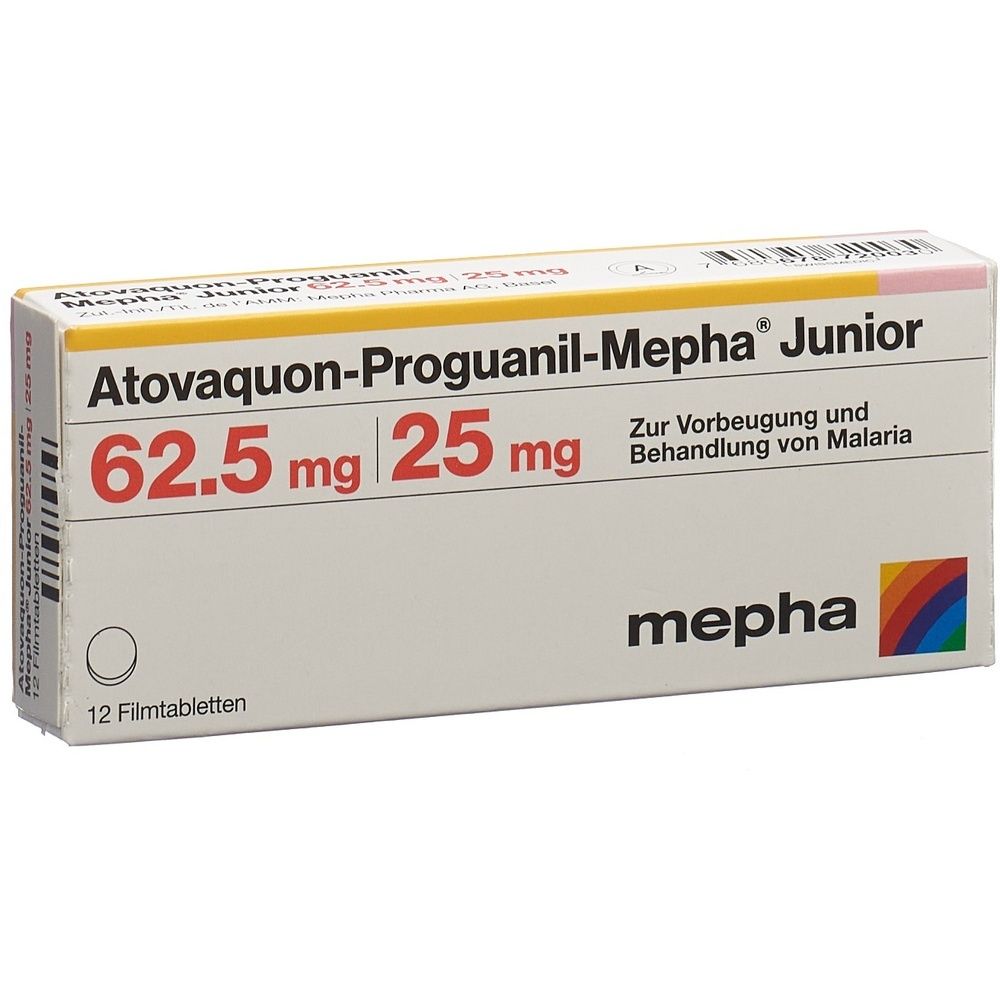 Boîte de "Atovaquon-Proguanil-Mepha Junior". Dosage: 62,5 mg/25 mg. Texte: "Zur Vorbeugung und Behandlung von Malaria". Marque: mepha. 12 comprimés pelliculés.