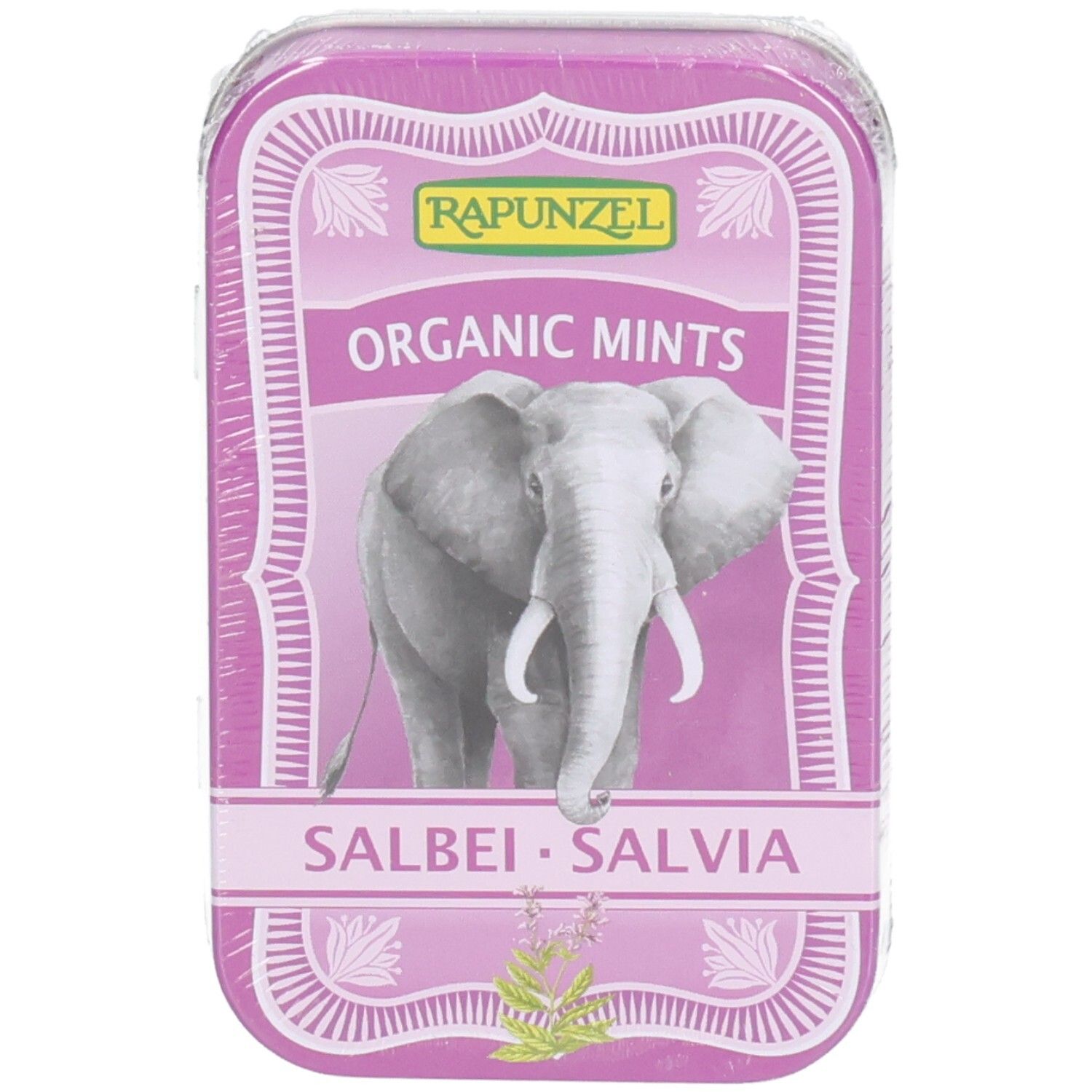 Rosa Dose mit "Rapunzel"-Logo und "Organic Mints"-Schriftzug. Darstellung eines Elefanten. "Salbei Salvia" darunter.