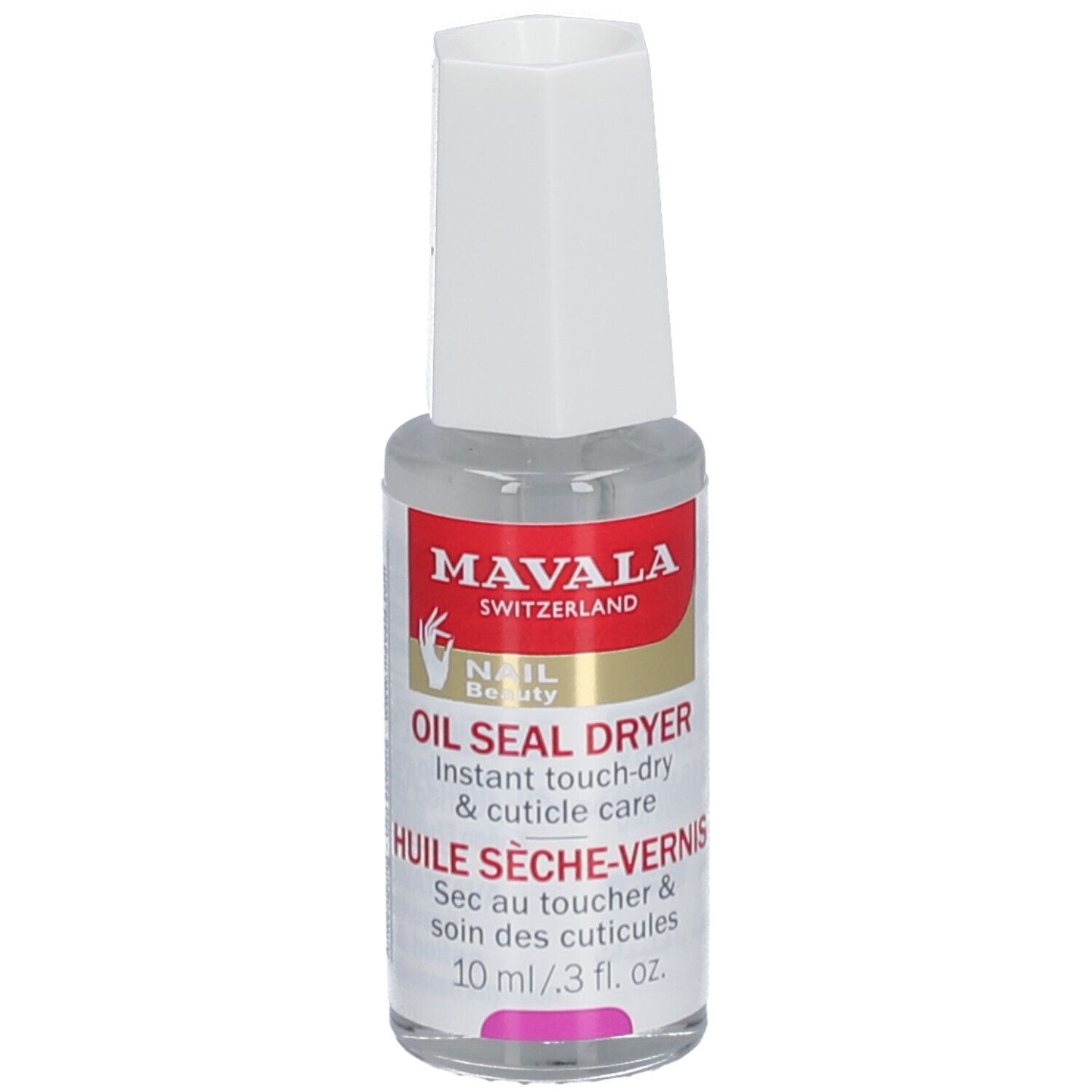 Klarer Flakon mit weißem Deckel. Aufschrift: Mavala, Oil Seal Dryer. 10 ml/3 fl. oz.