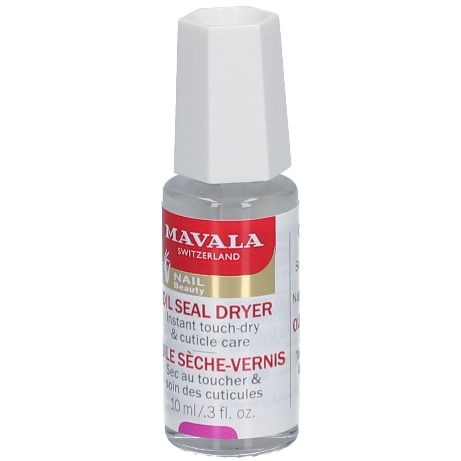 Klarer Flakon mit weißem Deckel. Aufschrift: Mavala, Oil Seal Dryer. 10 ml/3 fl. oz.