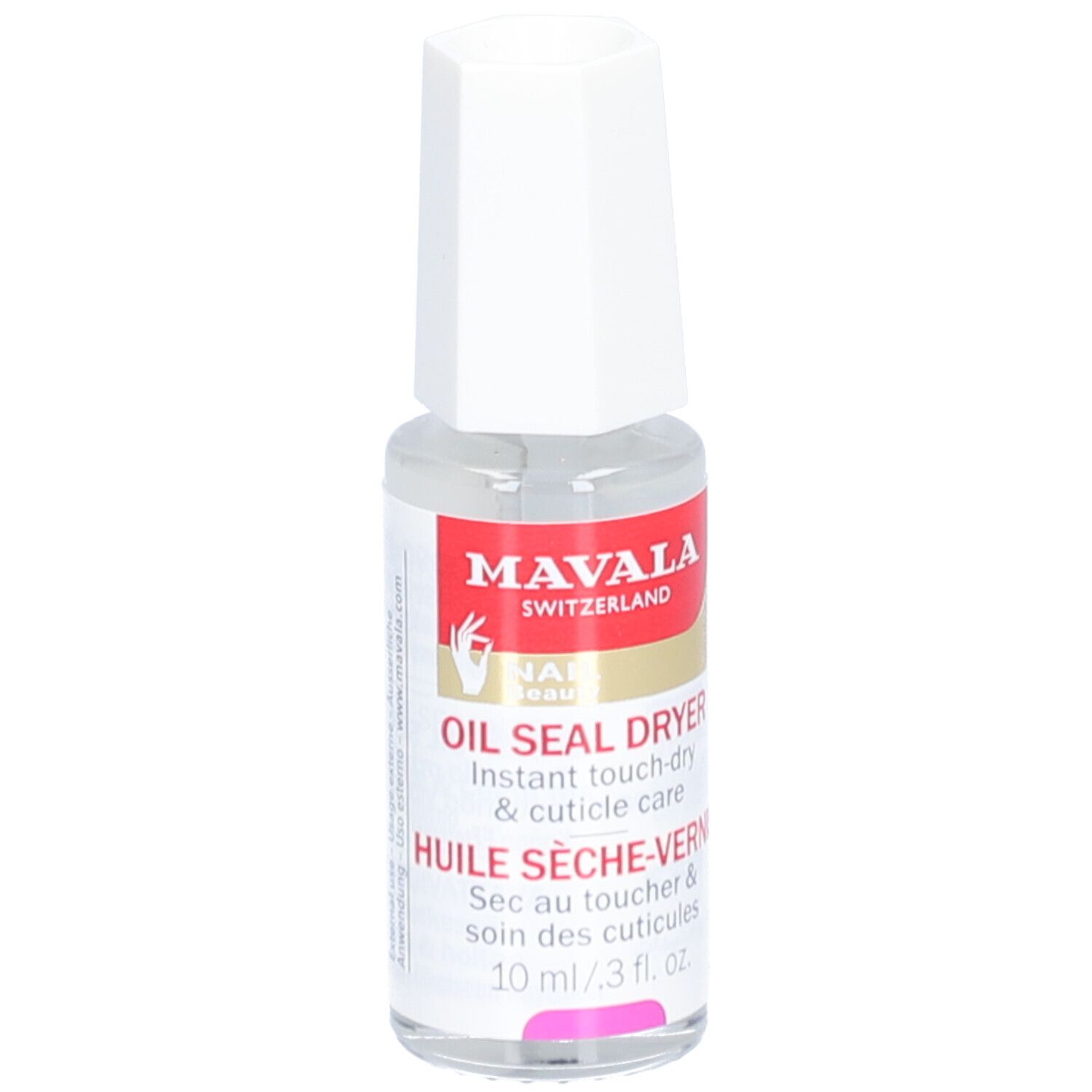 Klarer Flakon mit weißem Deckel. Aufschrift: Mavala, Oil Seal Dryer. 10 ml/3 fl. oz.