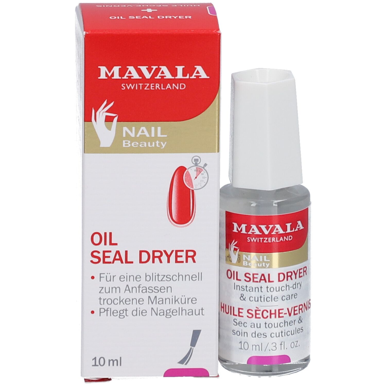 Produkt und Verpackung. Flakon und Karton. Aufschrift: Mavala, Oil Seal Dryer. 10 ml.