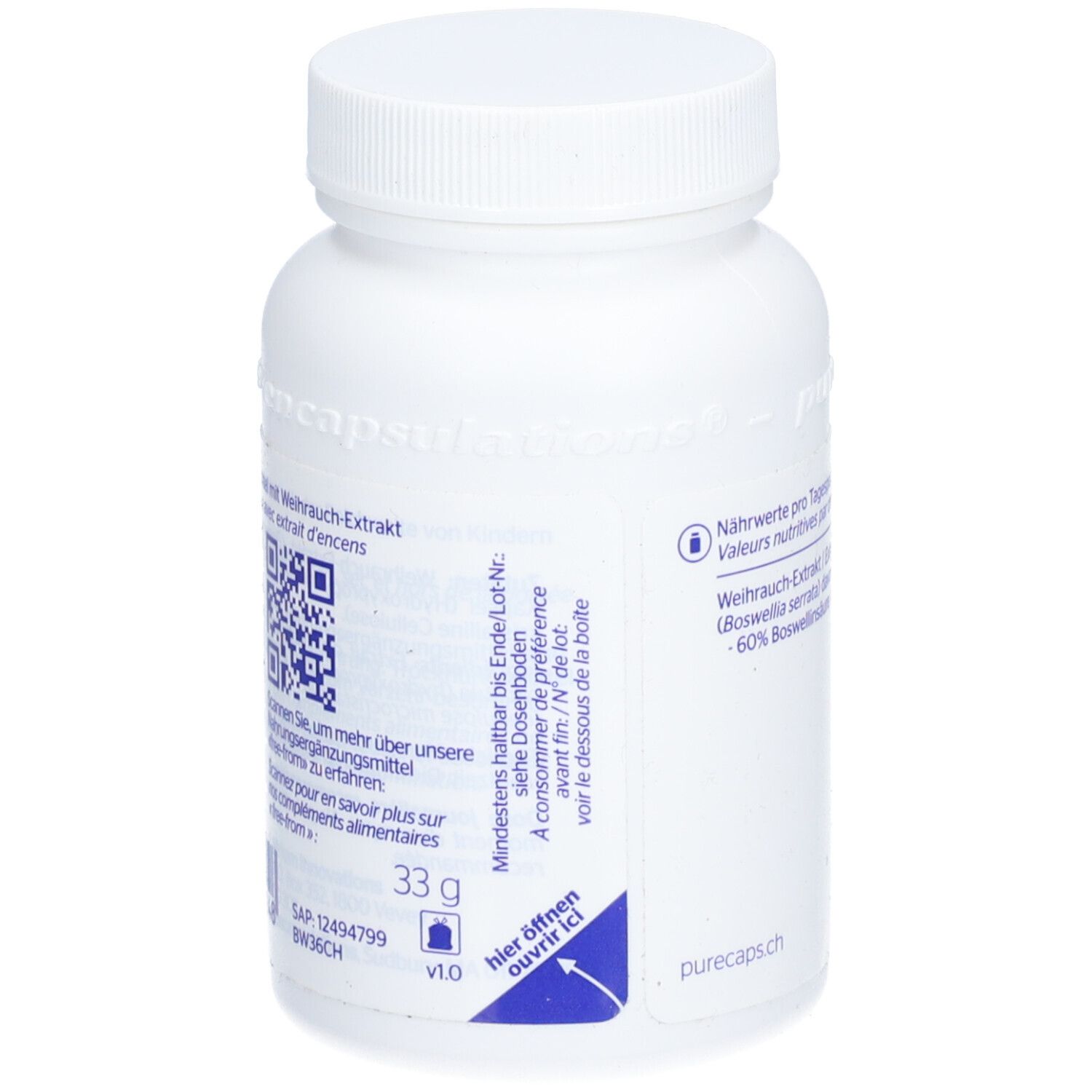 Weiße Flasche mit QR-Code und Informationen. Enthält 33g. Mindesthaltbarkeitsdatum.