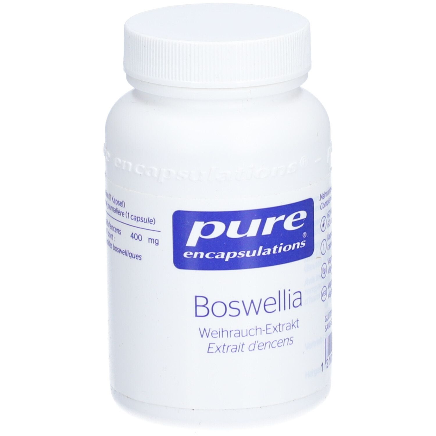 Weiße Flasche mit blauem Etikett. Aufschrift: pure encapsulations, Boswellia, Weihrauch-Extrakt.