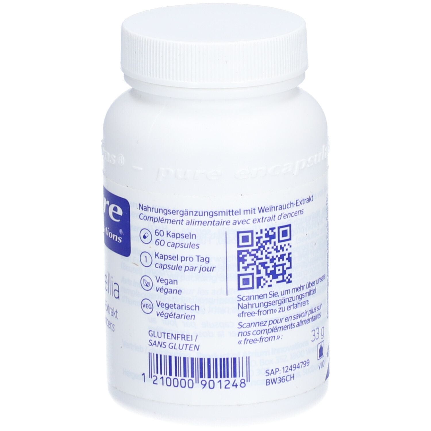 Weiße Flasche mit Informationen. Enthält 60 Kapseln. Glutenfrei. Vegan. QR-Code.