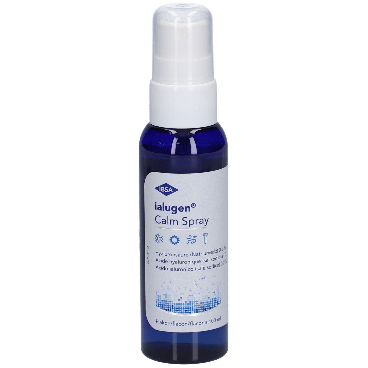 Blau-transparente Flasche mit weißem Sprühkopf. Beschriftung: Ialugen Calm Spray, Hyaluronsäure. Flakon.
