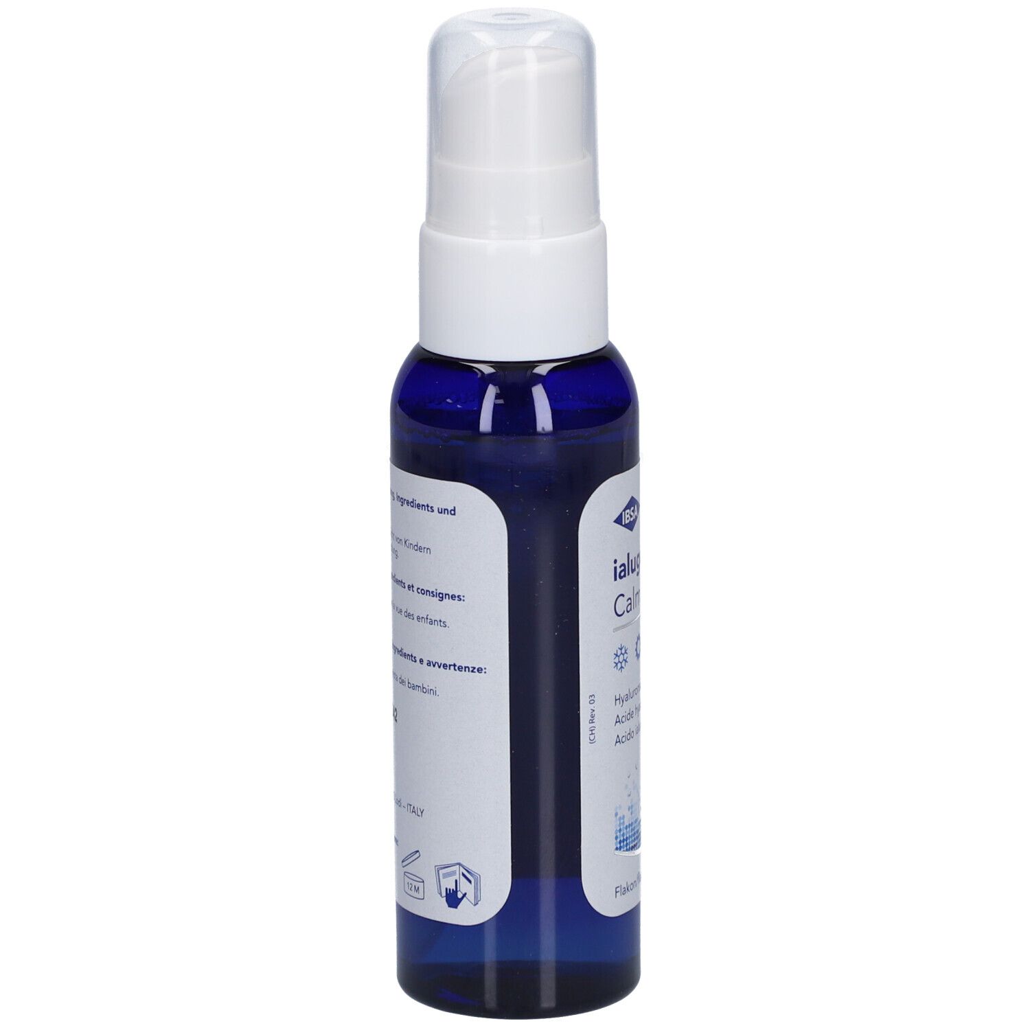 Blaue Flasche mit weißem Sprühkopf. Beschriftung mit Inhaltsstoffen und Warnhinweisen. Flakon.