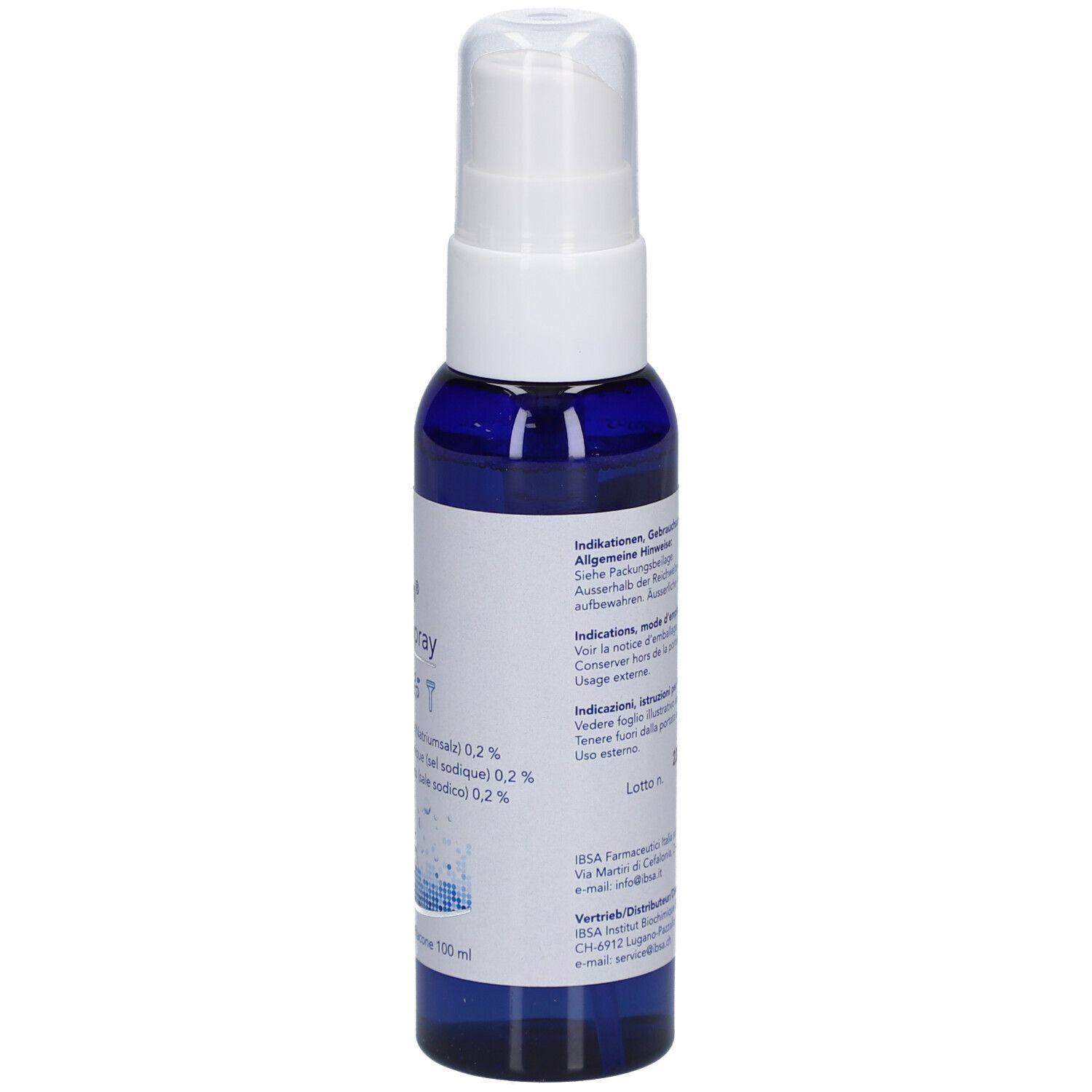 Blaue Flasche mit weißem Sprühkopf. Beschriftung mit Inhaltsstoffen und Warnhinweisen. Flakon.