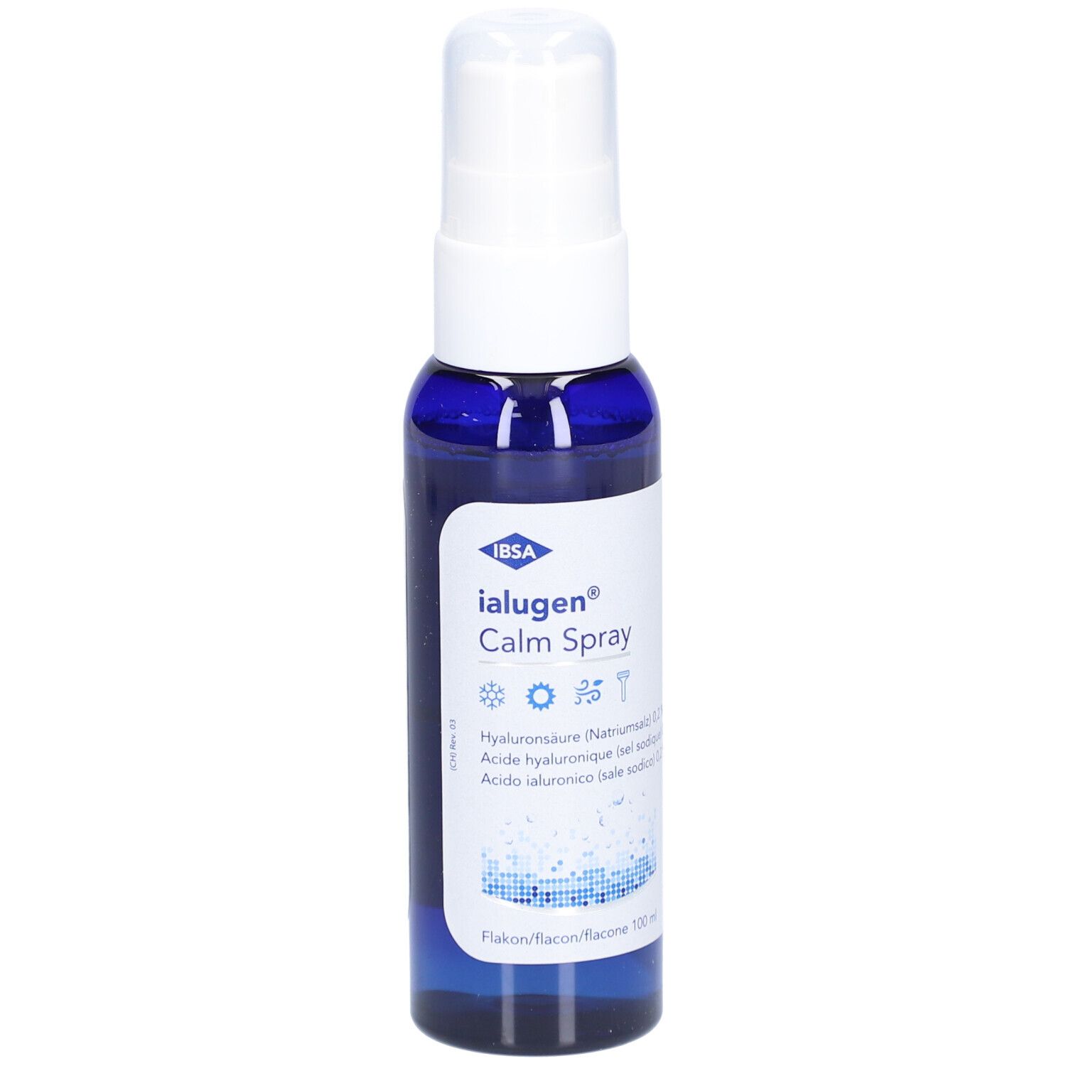 Blau-transparente Flasche mit weißem Sprühkopf. Beschriftung: Ialugen Calm Spray, Hyaluronsäure. Flakon.