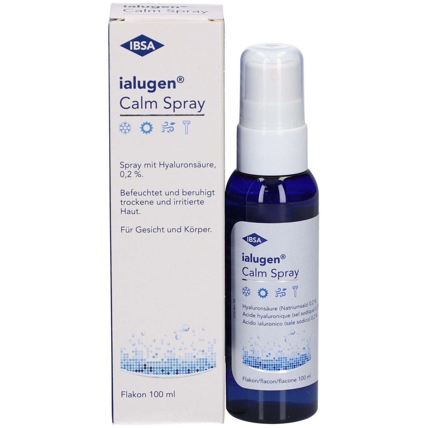 Produktverpackung mit Flasche und Karton. Beschriftung: Ialugen Calm Spray, Hyaluronsäure. Flakon 100 ml.