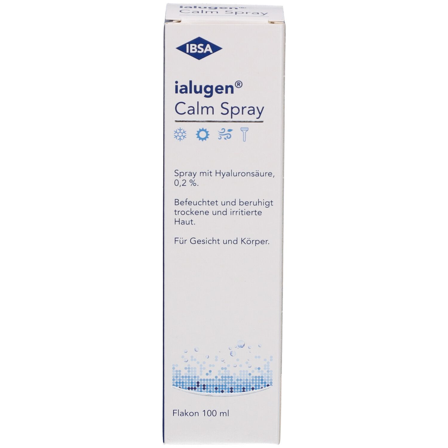 Weiße Produktverpackung. Beschriftung: Ialugen Calm Spray, Hyaluronsäure. Flakon 100 ml.