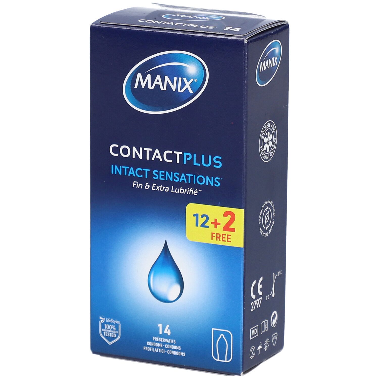 Boîte bleue et blanche MANIX. Contactplus, Intact Sensations, 12+2 gratuits. 14 préservatifs. Illustration goutte.