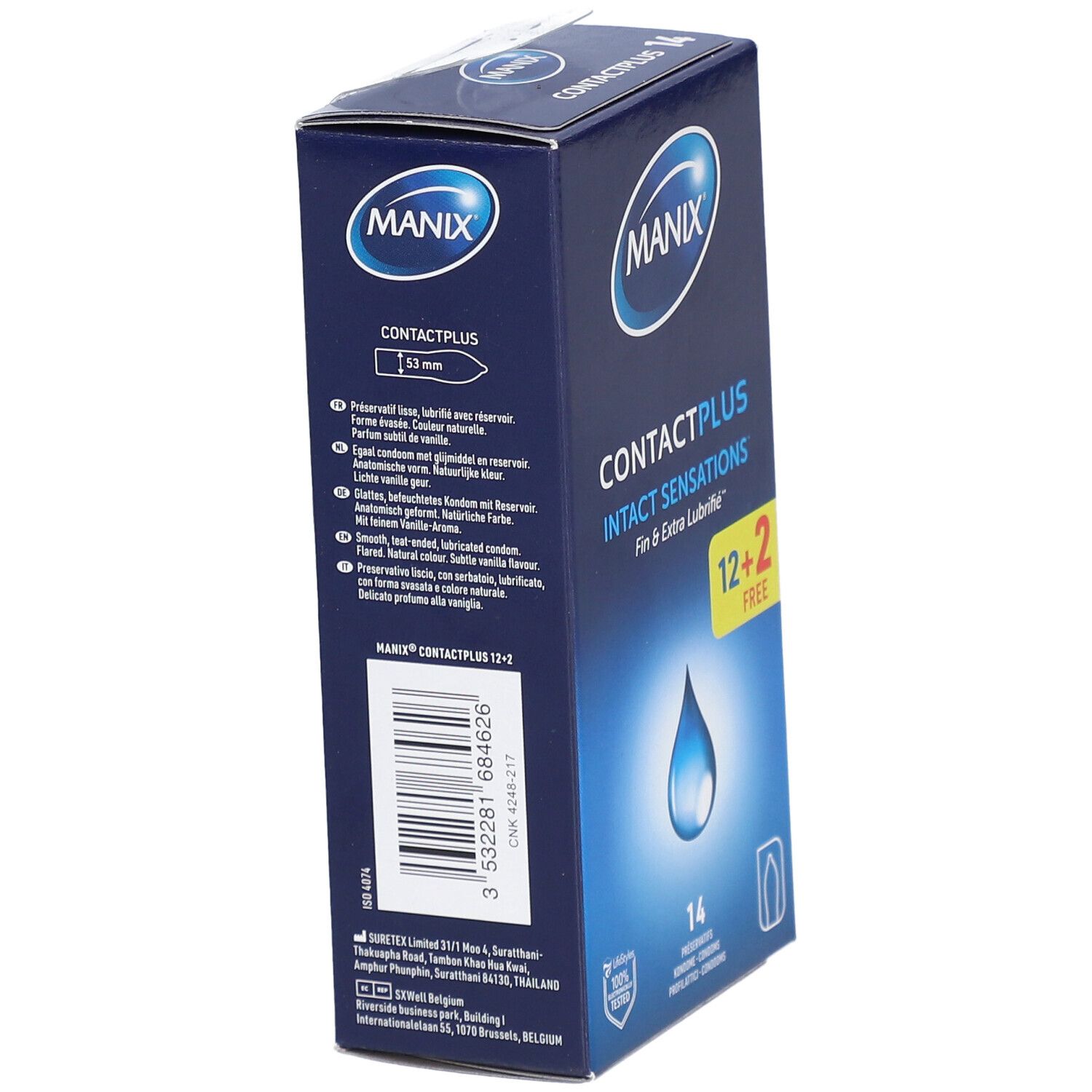Boîte bleue MANIX. Contactplus, 53 mm. Texte multilingues. Code-barres et coordonnées.