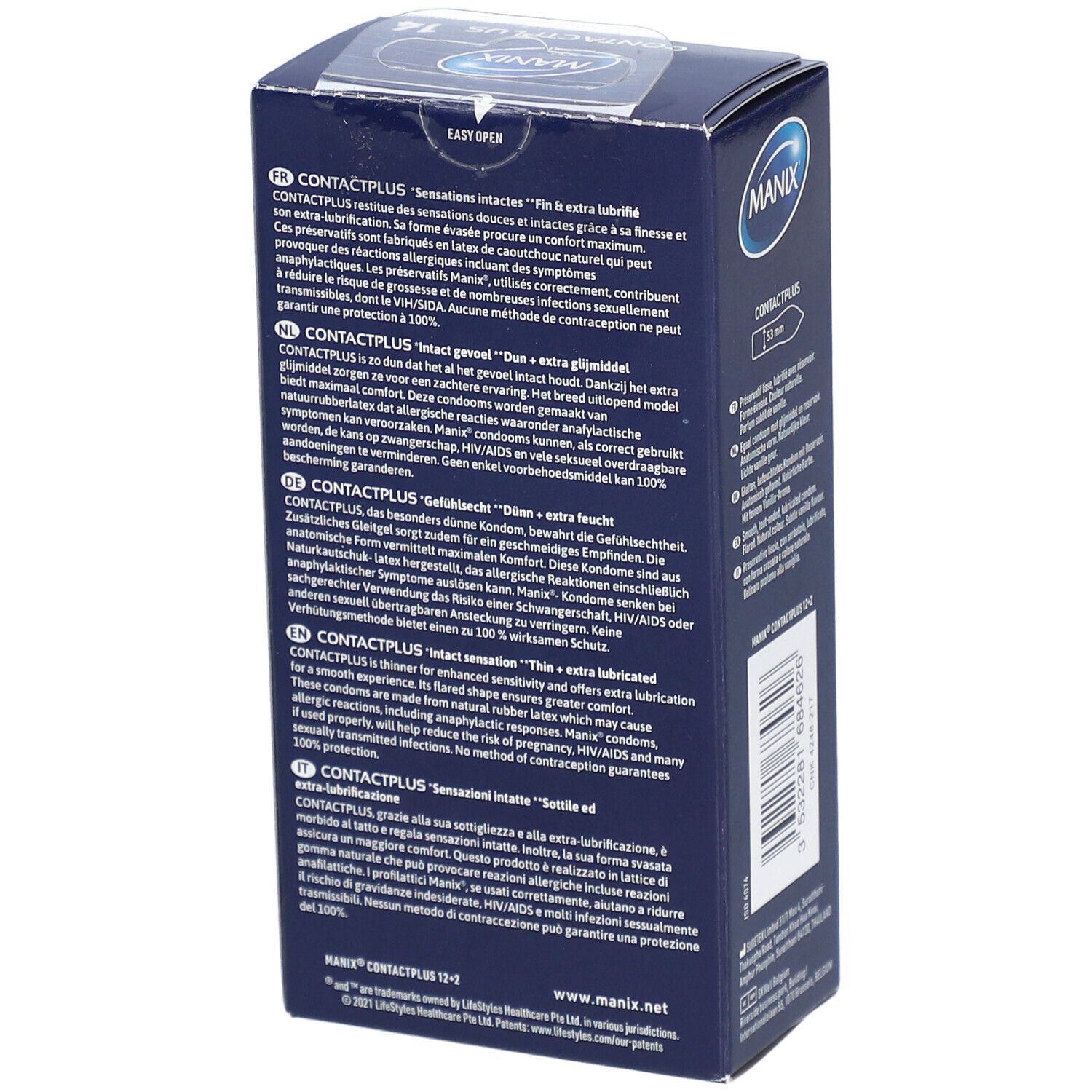 Boîte bleue avec texte multilingue. Contactplus, Sensations Intactes, extra lubrifié. Informations.