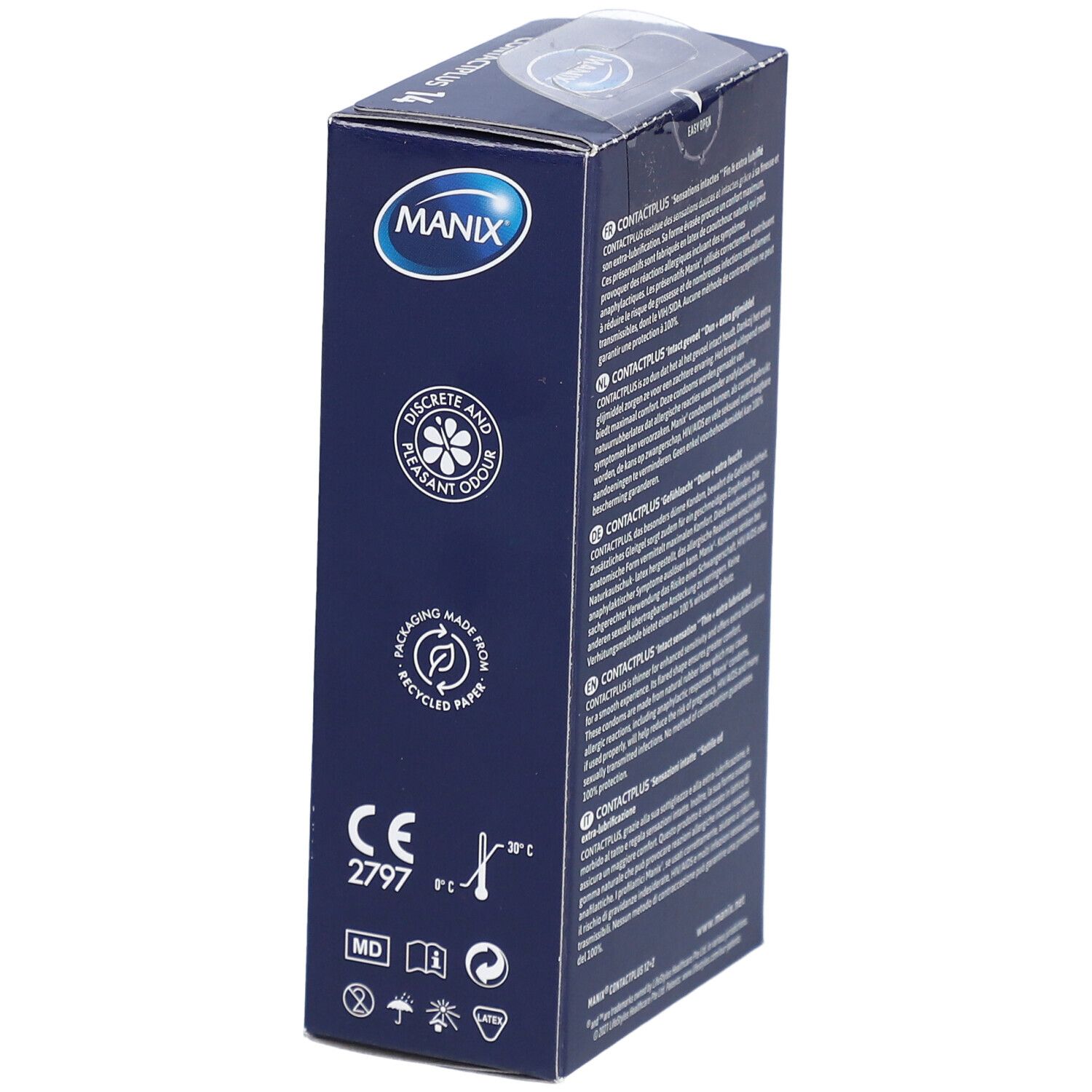 Boîte bleue MANIX. Contactplus, odeur discrète et agréable. Papier recyclé.