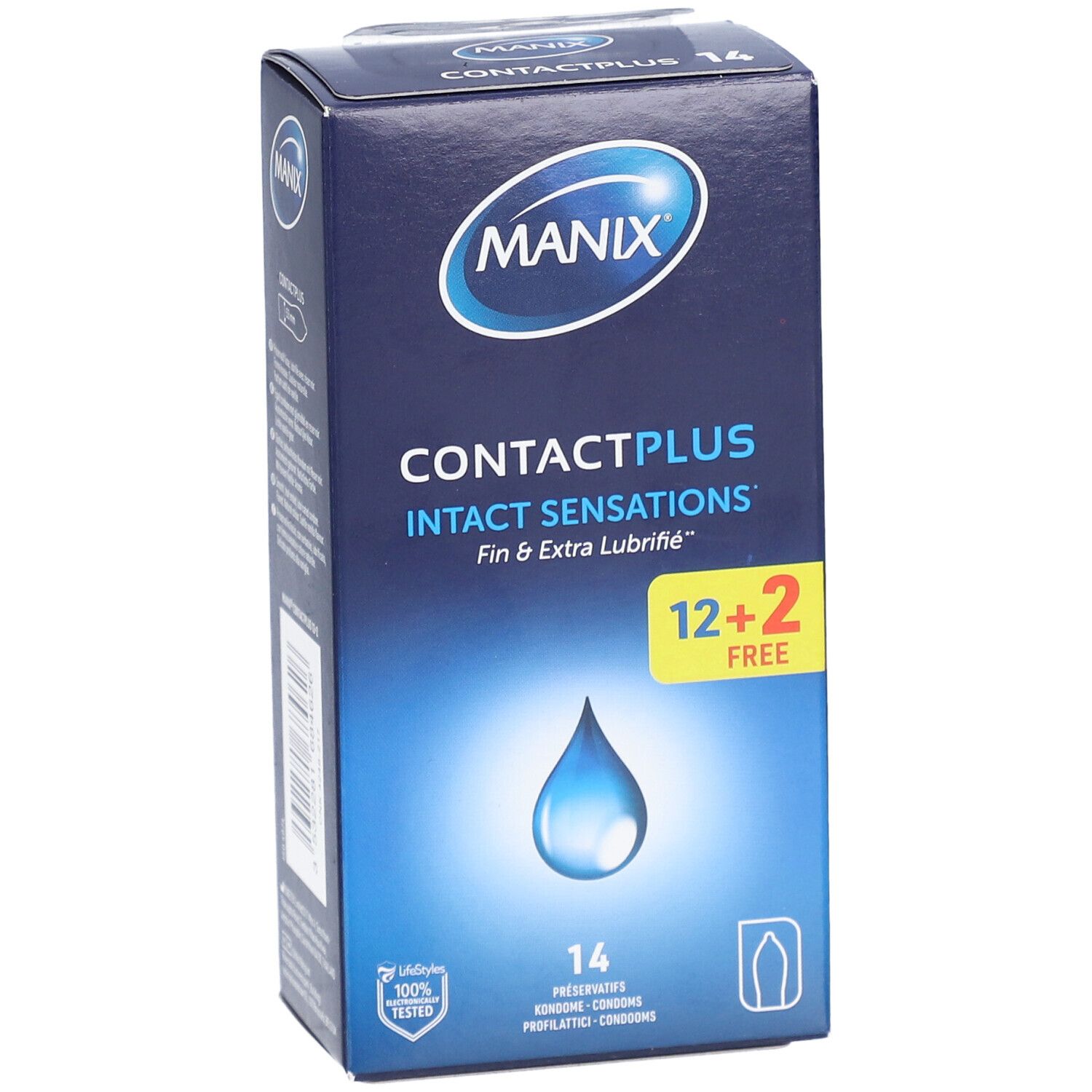 Boîte bleue MANIX. Contactplus, Intact Sensations, 12+2 gratuits. 14 préservatifs. Illustration goutte.