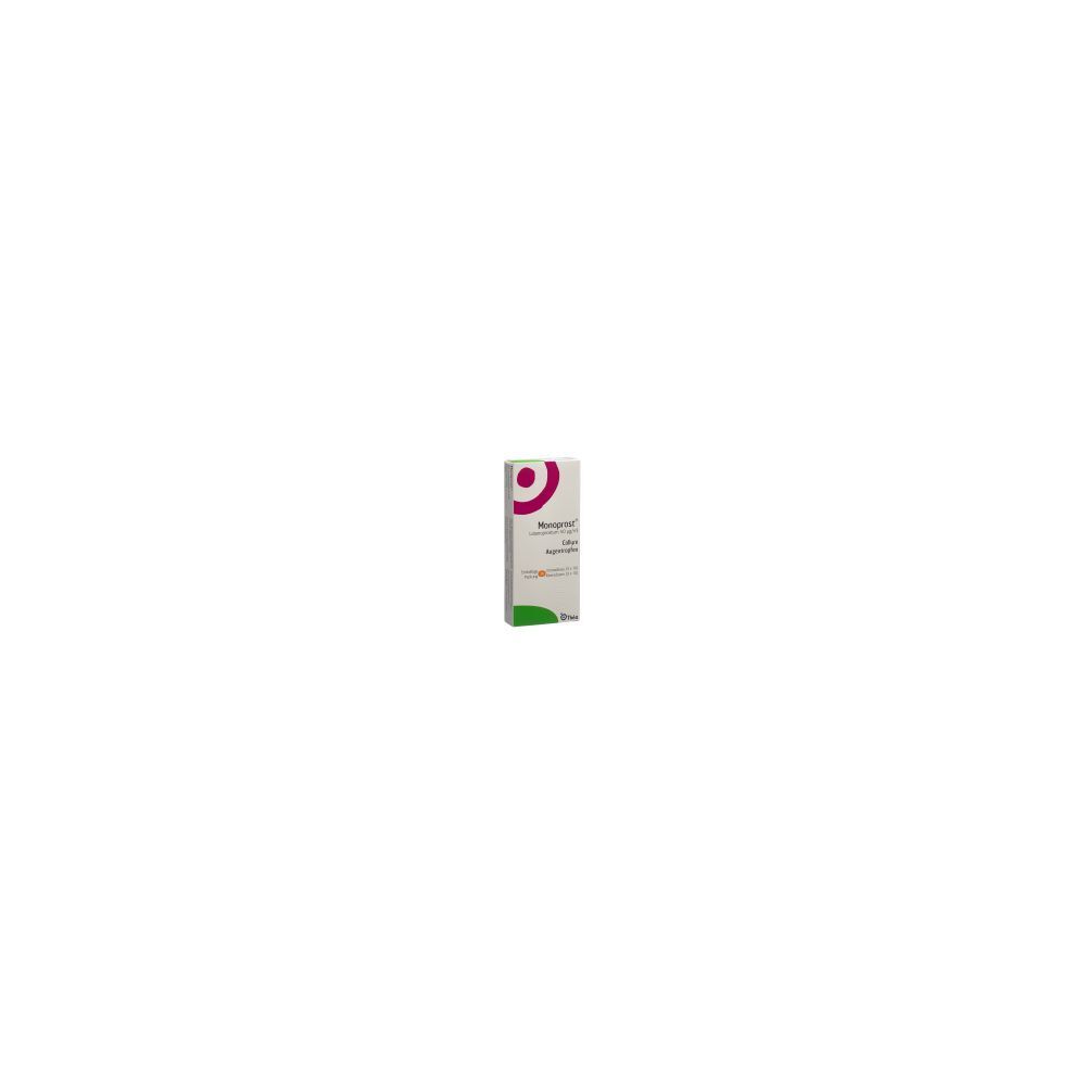 Kartonverpackung mit Produktinformationen. Oben links Logo mit rotem Kreis. Unten grüne Fläche. Text: MONOPROST Gtt Opht SDU.