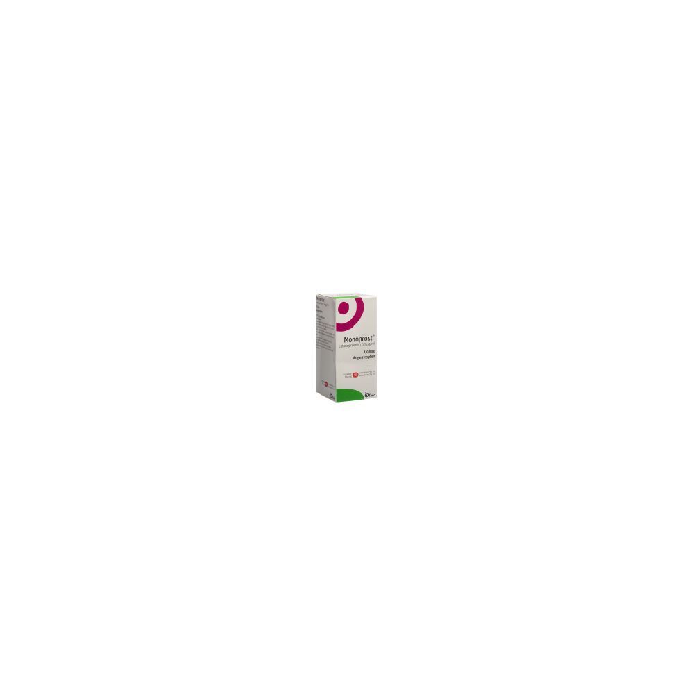 Kartonverpackung mit Produktnamen und Logo. Weiß, mit lila und grünen Akzenten. Text: Monoprost.