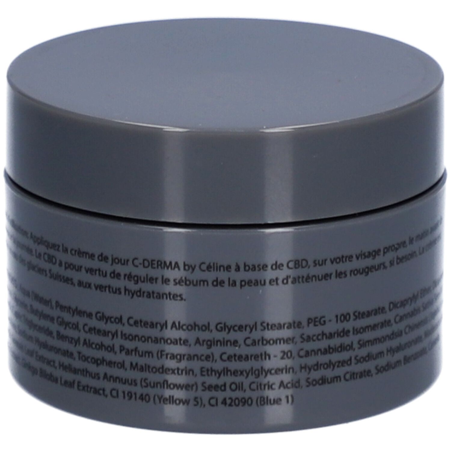 Dunkelgrauer Tiegel mit Deckel. Aufschrift: C-DERMA, Day Cream. Text mit Inhaltsstoffen. Hergestellt in der Schweiz.