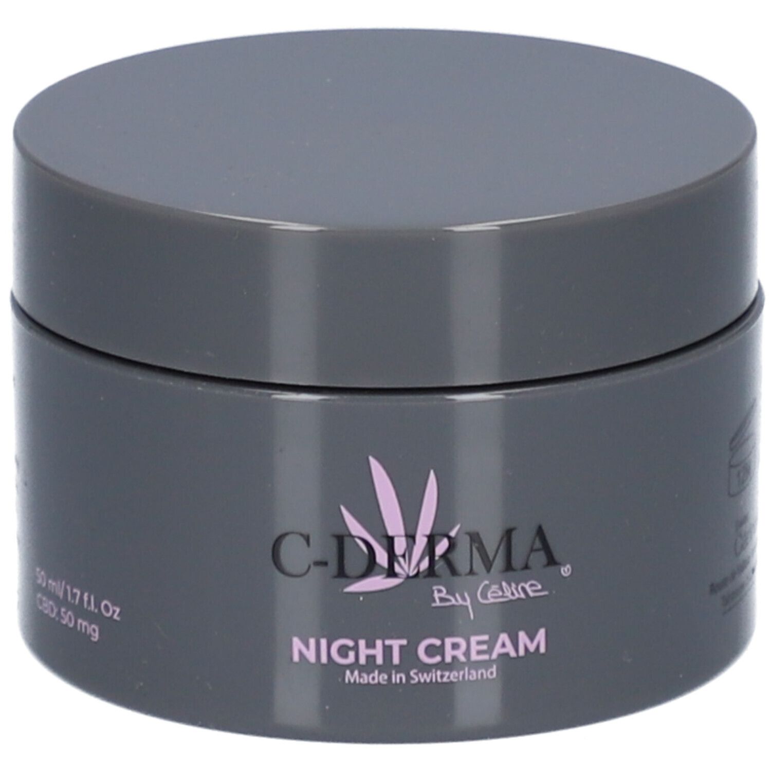 Dunkelgrauer Tiegel C-DERMA Nachtcreme. Deckel und Dose zylindrisch. Rosa Logo und Schriftzug. Hergestellt in der Schweiz.