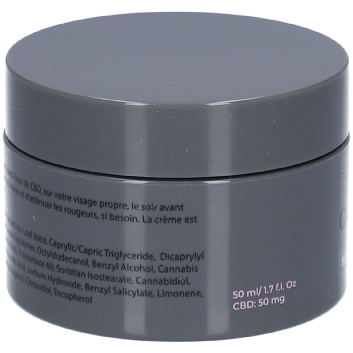 Dunkelgrauer Tiegel mit Inhaltsstoffen und Mengenangaben. Text in Rosa. 50 ml/1.7 fl.oz. CBD: 50 mg.