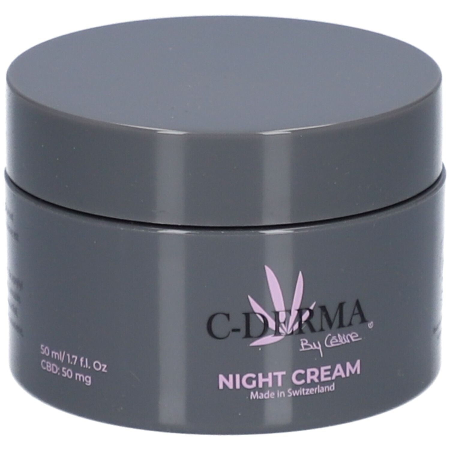 Dunkelgrauer Tiegel C-DERMA Nachtcreme. Deckel und Dose zylindrisch. Rosa Logo und Schriftzug. Hergestellt in der Schweiz.