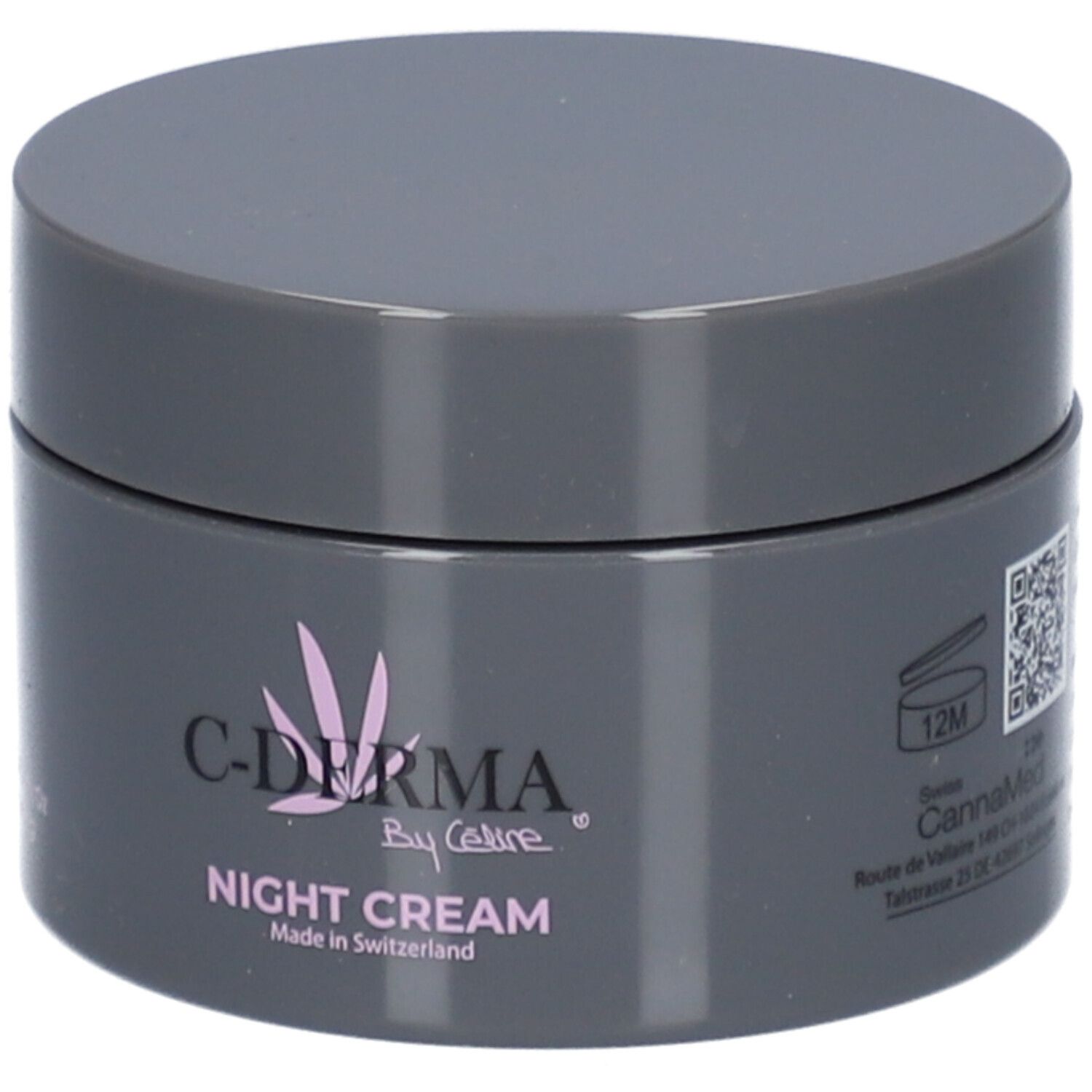 Dunkelgrauer Tiegel C-DERMA Nachtcreme. Deckel und Dose zylindrisch. Rosa Logo und Schriftzug. Hergestellt in der Schweiz. 12M.