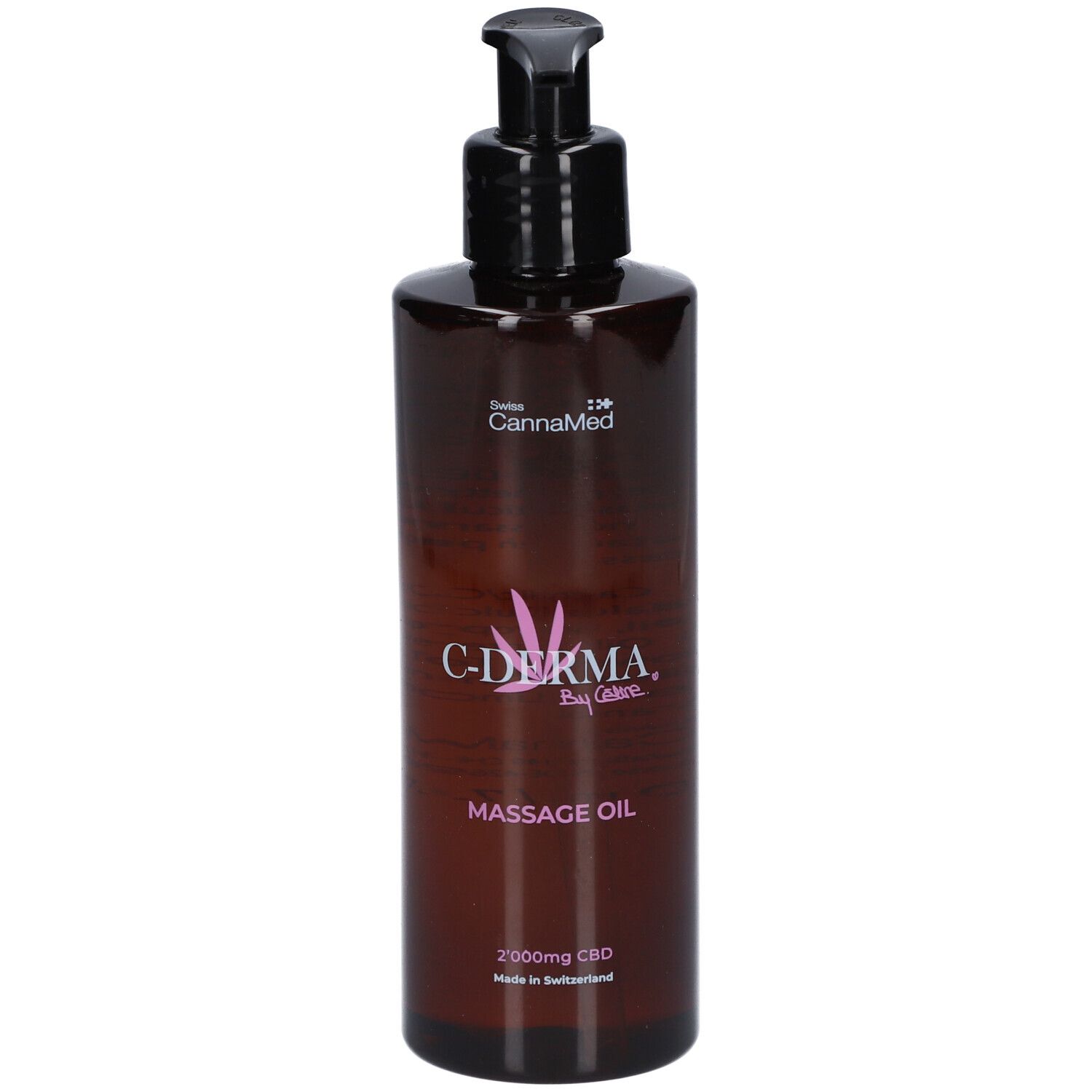 Braune Flasche mit schwarzem Pumpverschluss. Aufschrift: C-DERMA, Massageöl, 2000mg CBD. Hergestellt in der Schweiz.