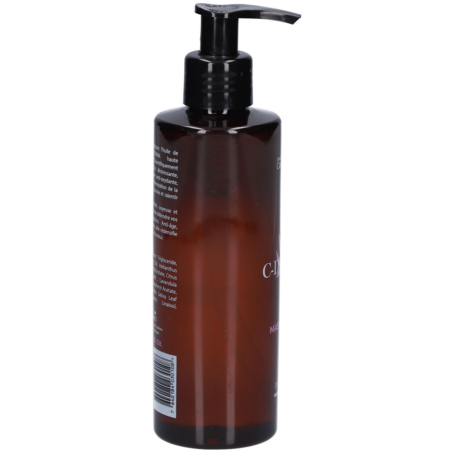 Braune Flasche mit schwarzem Pumpverschluss. Auf der Seite Text, darunter C-DERMA. Rückseite mit Inhaltsstoffen.