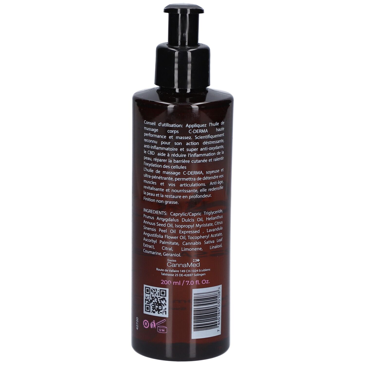 Braune Flasche mit schwarzem Pumpverschluss. Rückseite mit Text und Inhaltsstoffen. 200 ml/7.0 fl. oz.
