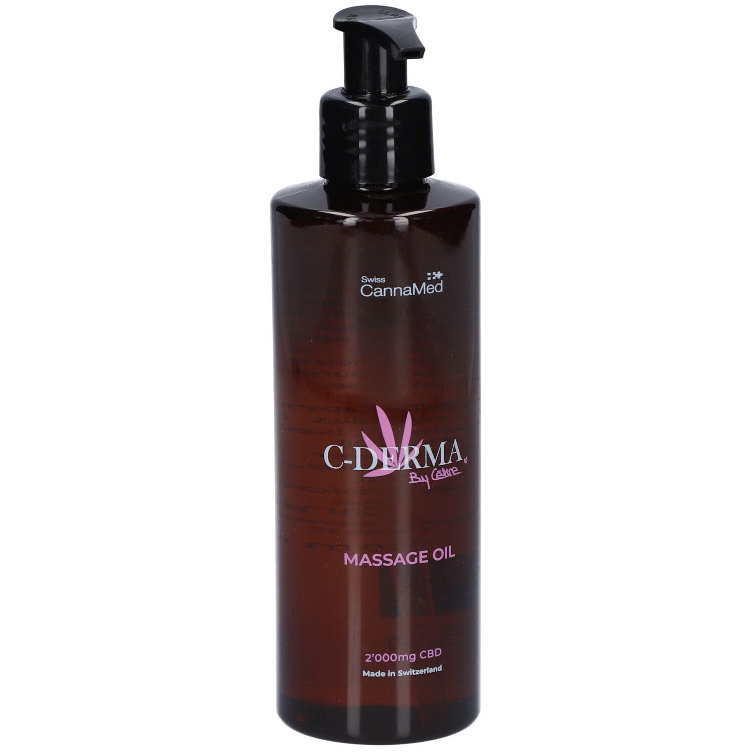 Braune Flasche mit schwarzem Pumpverschluss. Aufschrift: C-DERMA, Massageöl, 2000mg CBD. Hergestellt in der Schweiz.