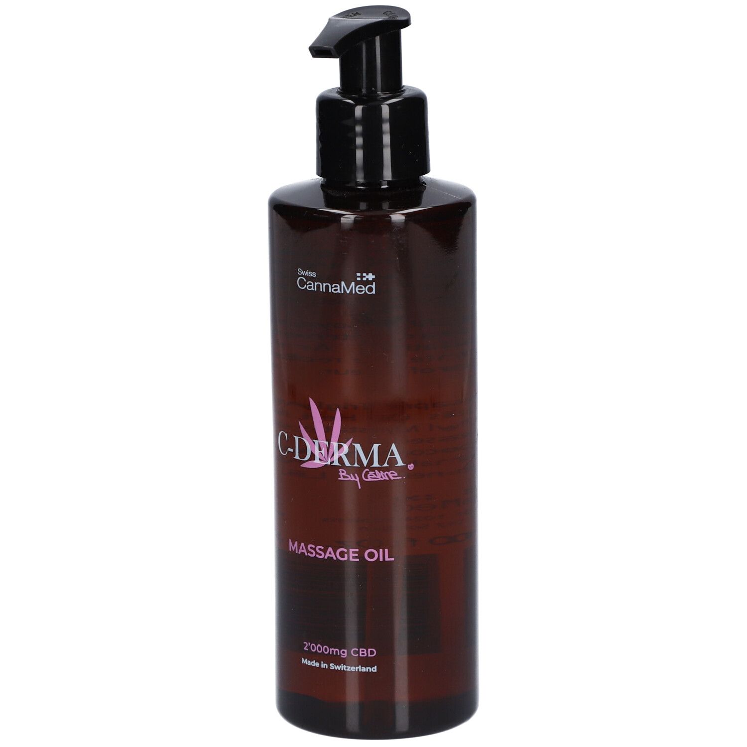 Braune Flasche mit schwarzem Pumpverschluss. Aufschrift: C-DERMA, Massageöl, 2000mg CBD. Hergestellt in der Schweiz.