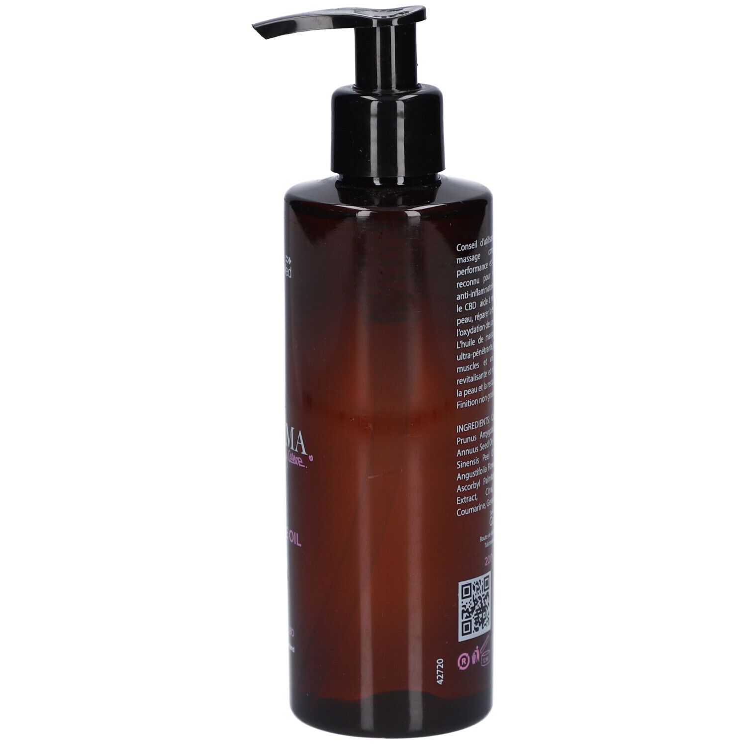 Braune Flasche mit schwarzem Pumpverschluss. Auf der Seite Text, darunter C-DERMA. Rückseite mit Inhaltsstoffen.