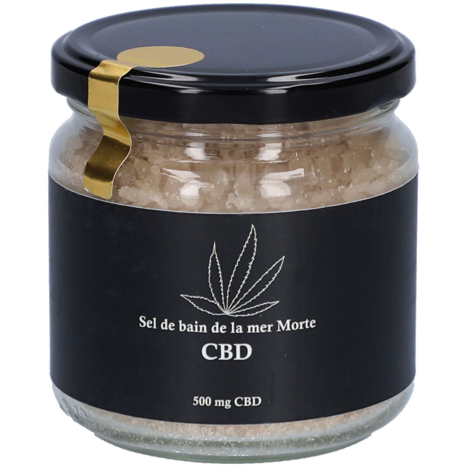 Pot de sel de bain. Étiquette noire avec logo feuille de cannabis, inscription CBD et 500 mg CBD. Couvercle noir avec sceau doré.