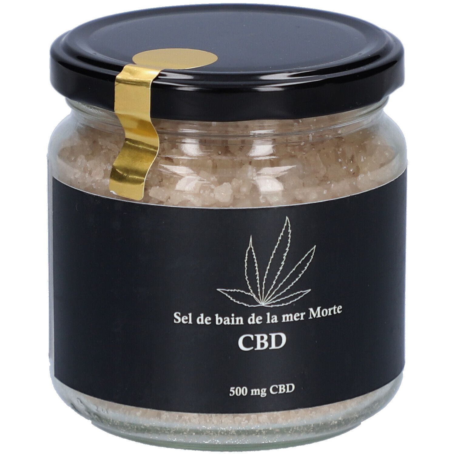 Pot de sel de bain. Étiquette noire avec logo feuille de cannabis, inscription CBD et 500 mg CBD. Couvercle noir avec sceau doré.