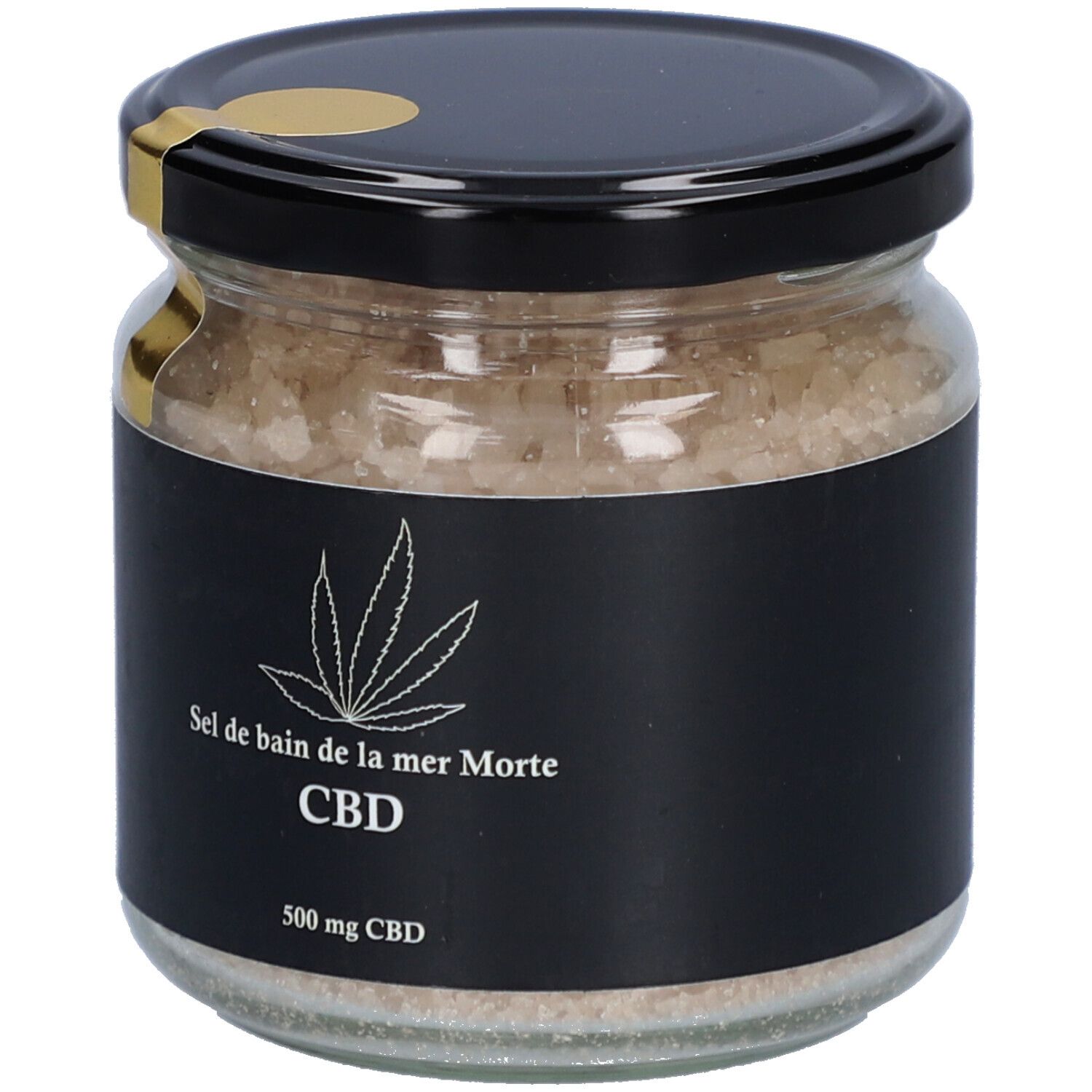 Pot de sel de bain. Étiquette noire avec logo feuille de cannabis, inscription CBD et 500 mg CBD. Couvercle noir avec sceau doré.
