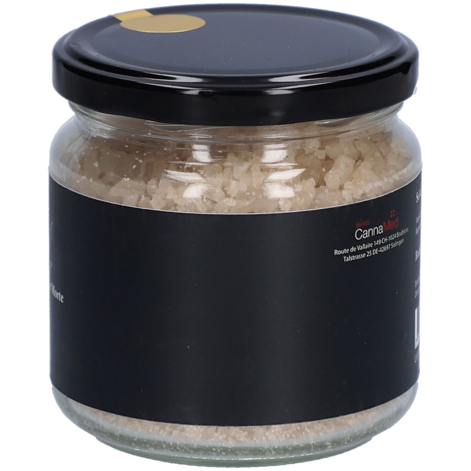 Pot de sel de bain. Étiquette noire avec logo CannaMed et informations produit. Couvercle noir avec sceau doré.