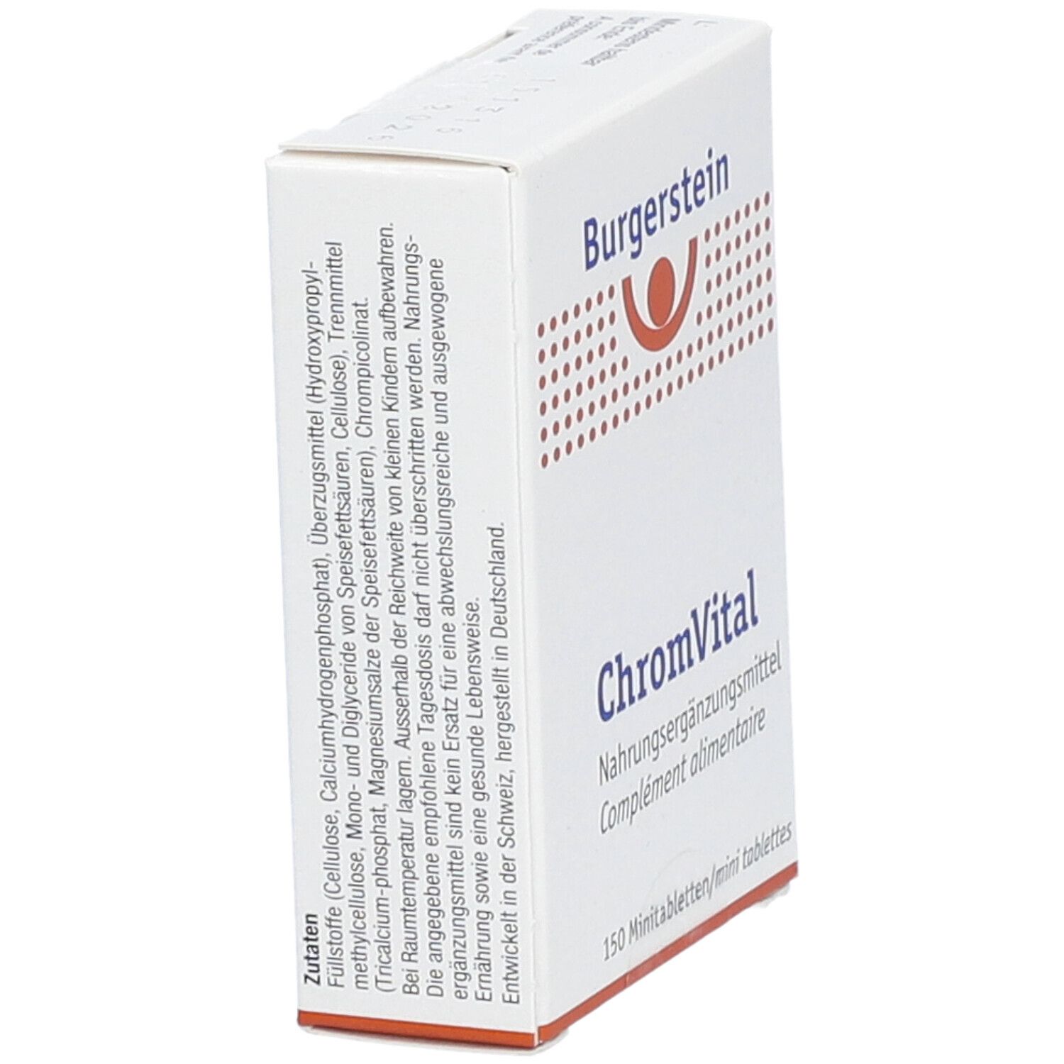 Schachtel mit Burgerstein-Logo und ChromVital-Aufschrift. Enthält 150 Tabletten. Seitenansicht mit Zutatenliste.