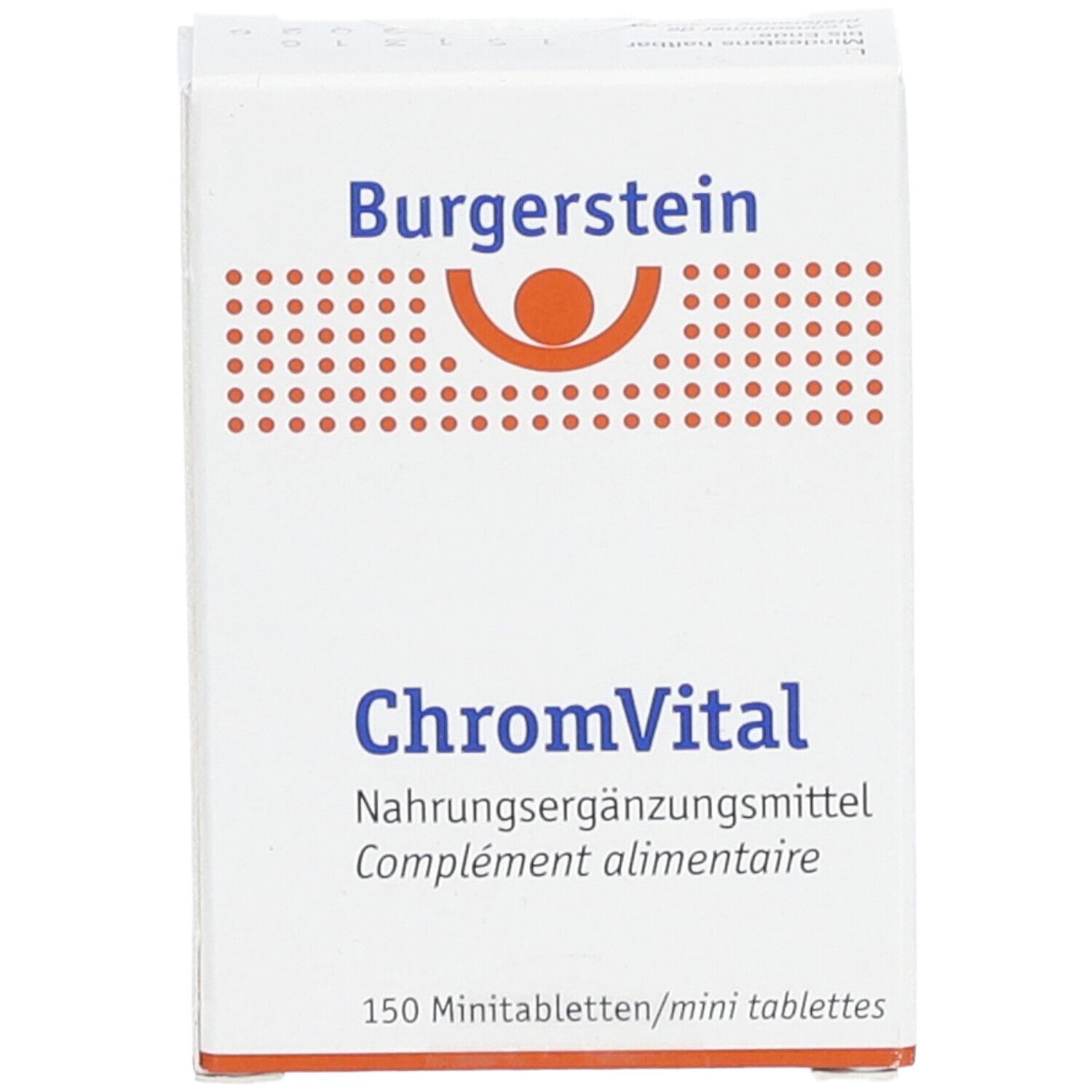 Weiße Schachtel mit Burgerstein-Logo und Aufschrift ChromVital. Enthält 150 Tabletten. Nahrungsergänzungsmittel.