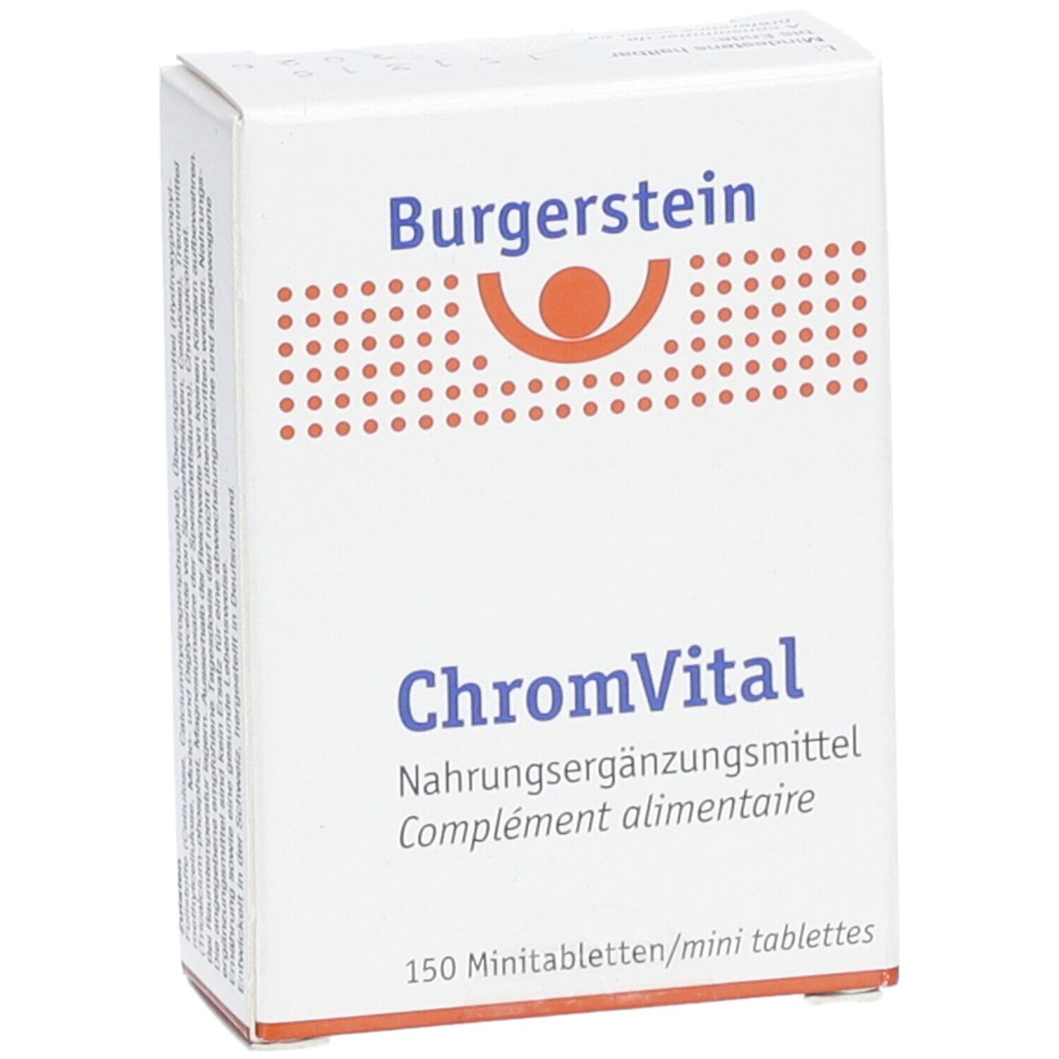 Weiße Schachtel mit Burgerstein-Logo und Aufschrift ChromVital. Enthält 150 Tabletten. Nahrungsergänzungsmittel.