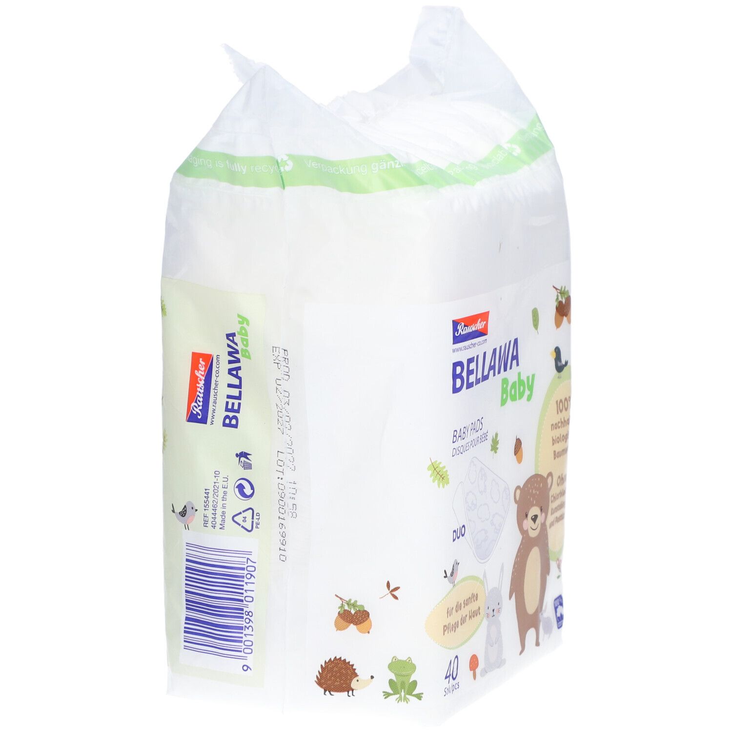 Seitenansicht der Wattepad-Verpackung. Aufdruck: BELLAWA Baby, 40 Stück. Barcode und Recycling-Symbole.