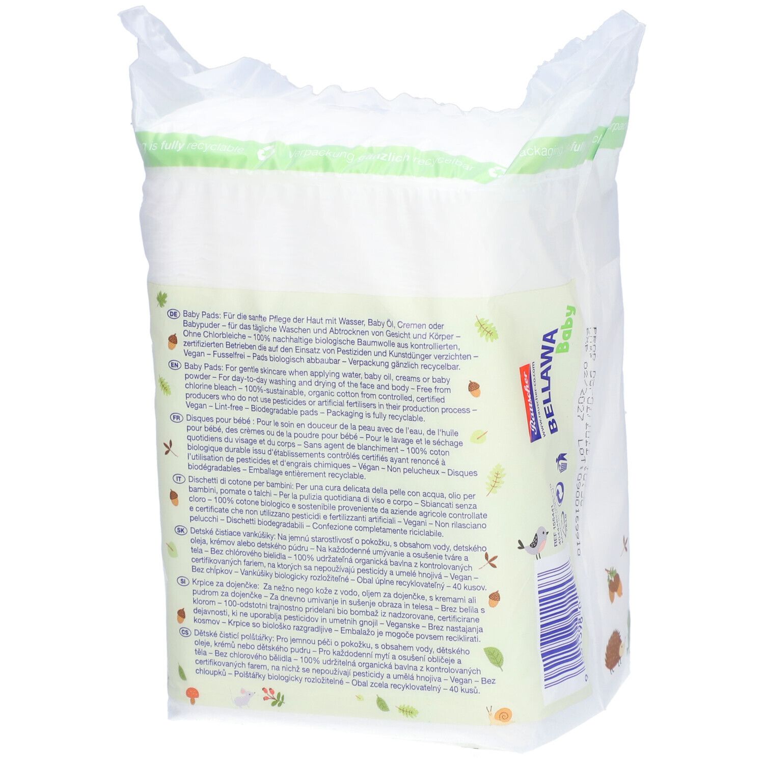 Rückseite der Wattepad-Verpackung. Text in mehreren Sprachen. Illustrationen von Tieren und Blättern.