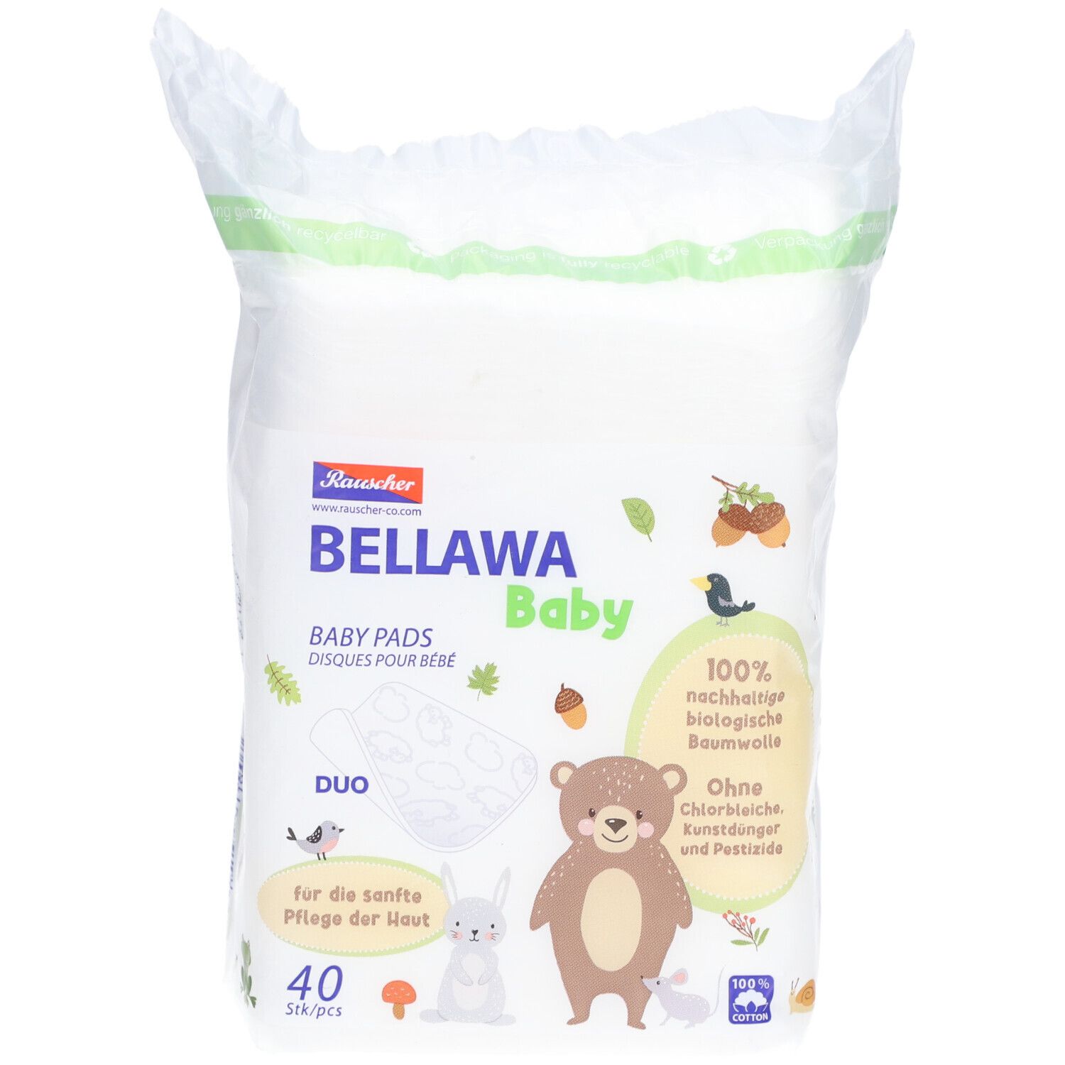 Verpackung mit Wattepads. Aufdruck: BELLAWA Baby, 40 Stück, Duo. Illustrationen von Tieren und Blättern.