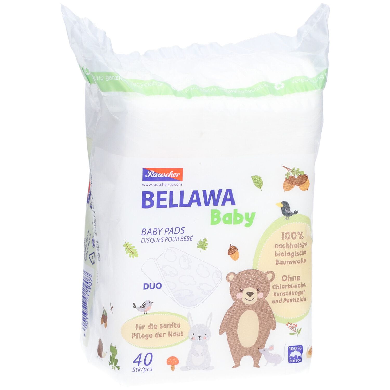 Verpackung mit Wattepads. Aufdruck: BELLAWA Baby, 40 Stück, Duo. Illustrationen von Tieren und Blättern.