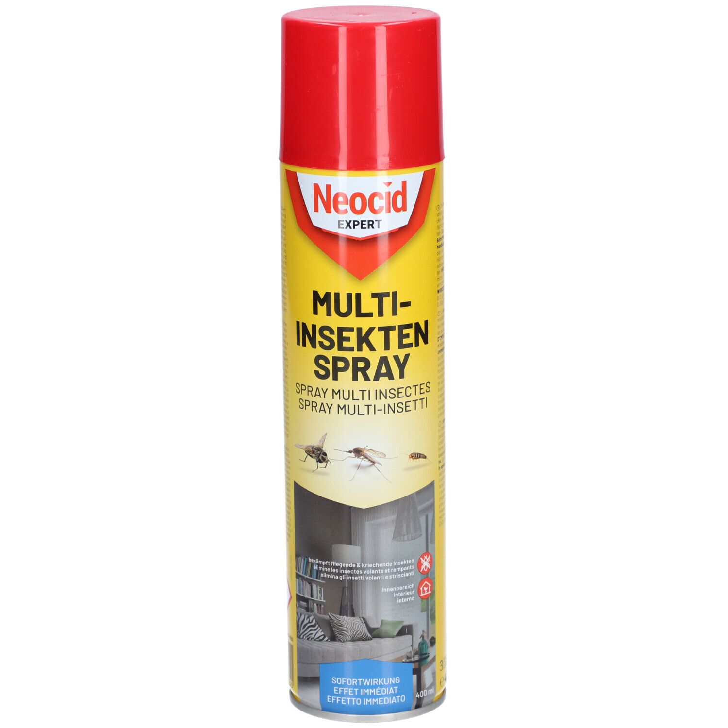 Gelb-rote Sprühdose mit "NEOCID EXPERT" und "MULTI-INSEKTEN SPRAY" Aufschrift. Abbildung von Insekten.