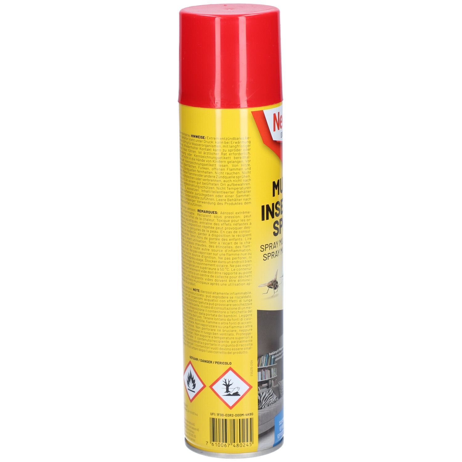 Gelbe Sprühdose mit rotem Deckel. Text und Piktogramme auf der Dose. Warnhinweise und Barcode.