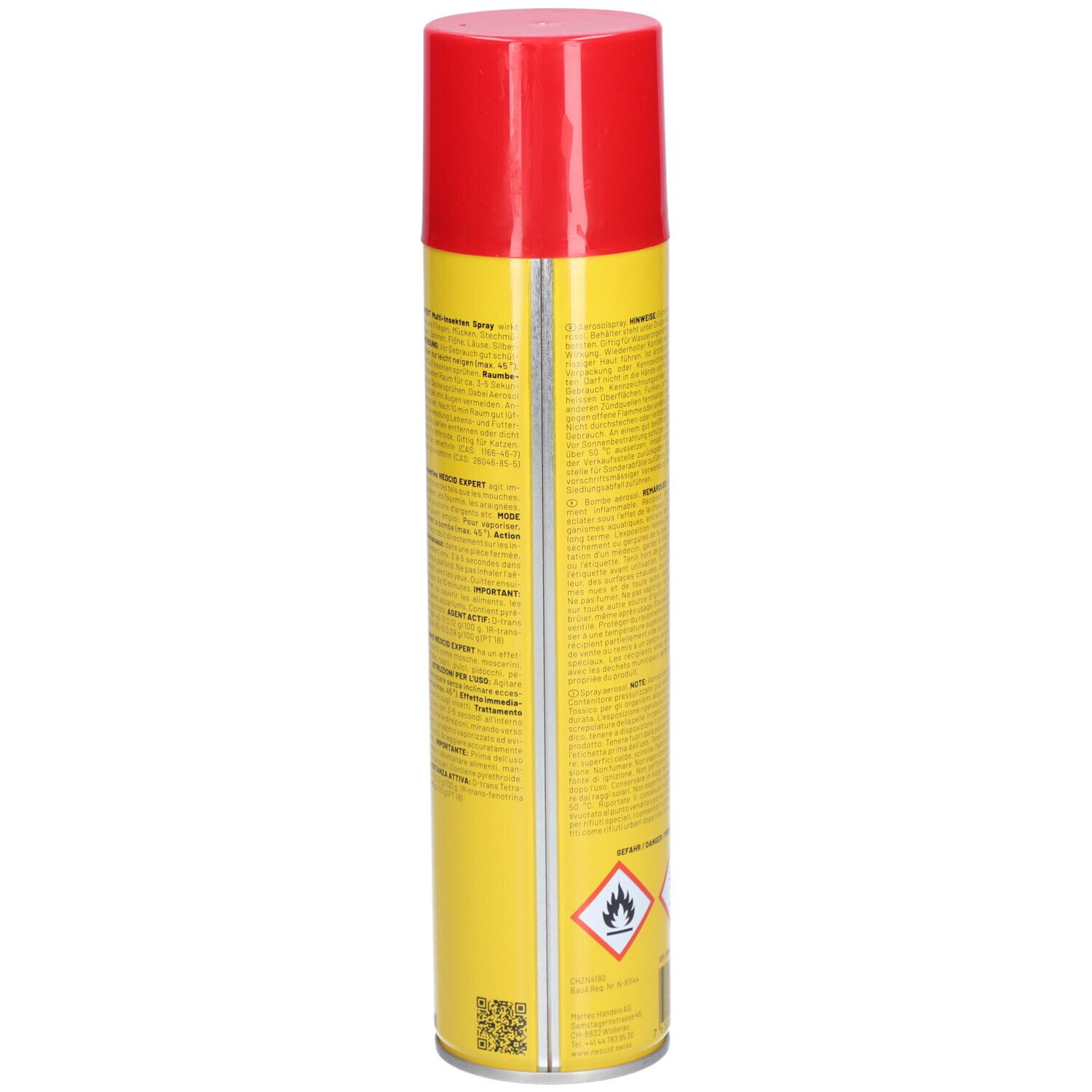 Gelbe Sprühdose mit rotem Deckel. Text und Piktogramme auf der Dose. Warnhinweise und Barcode.