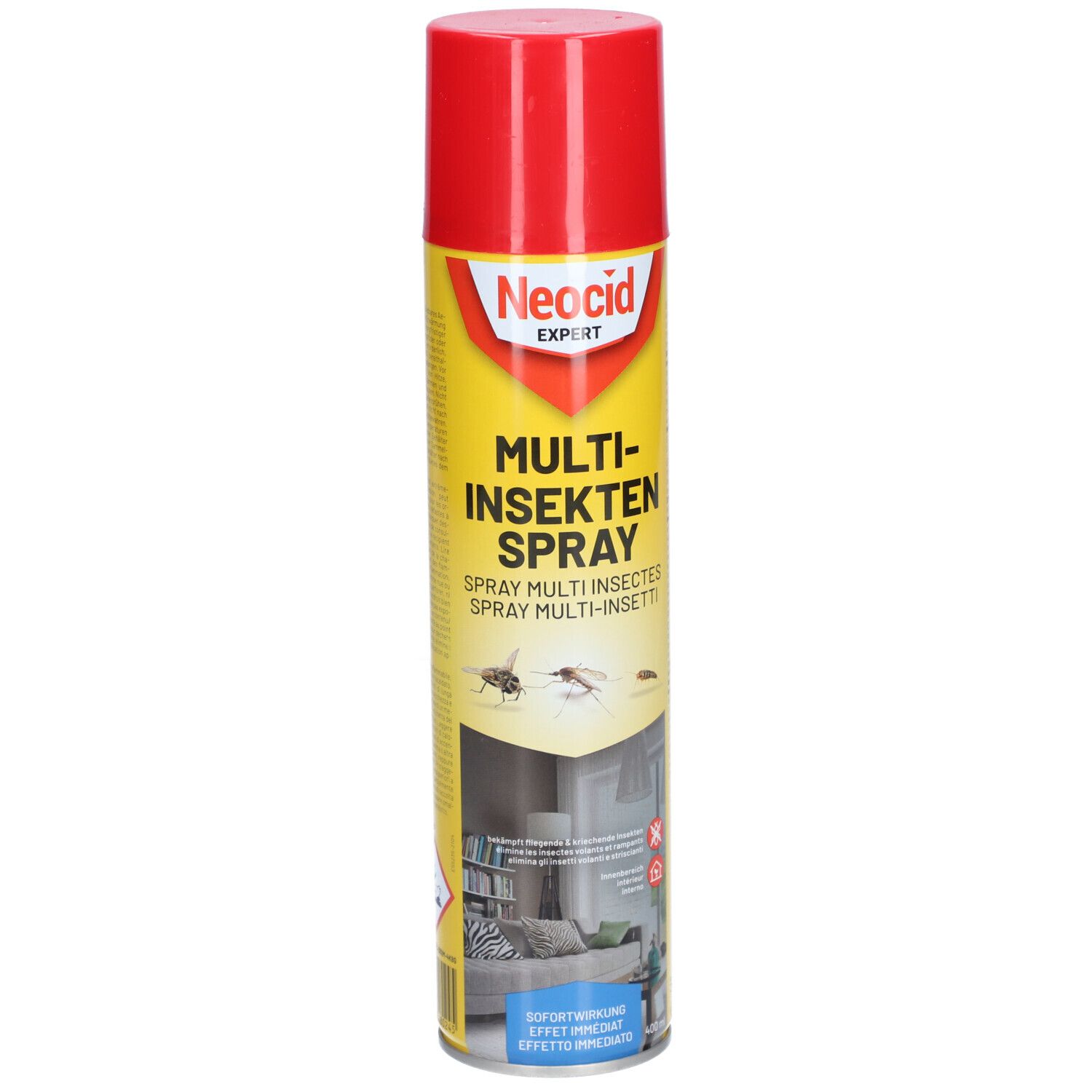 Gelb-rote Sprühdose mit "NEOCID EXPERT" und "MULTI-INSEKTEN SPRAY" Aufschrift. Abbildung von Insekten.