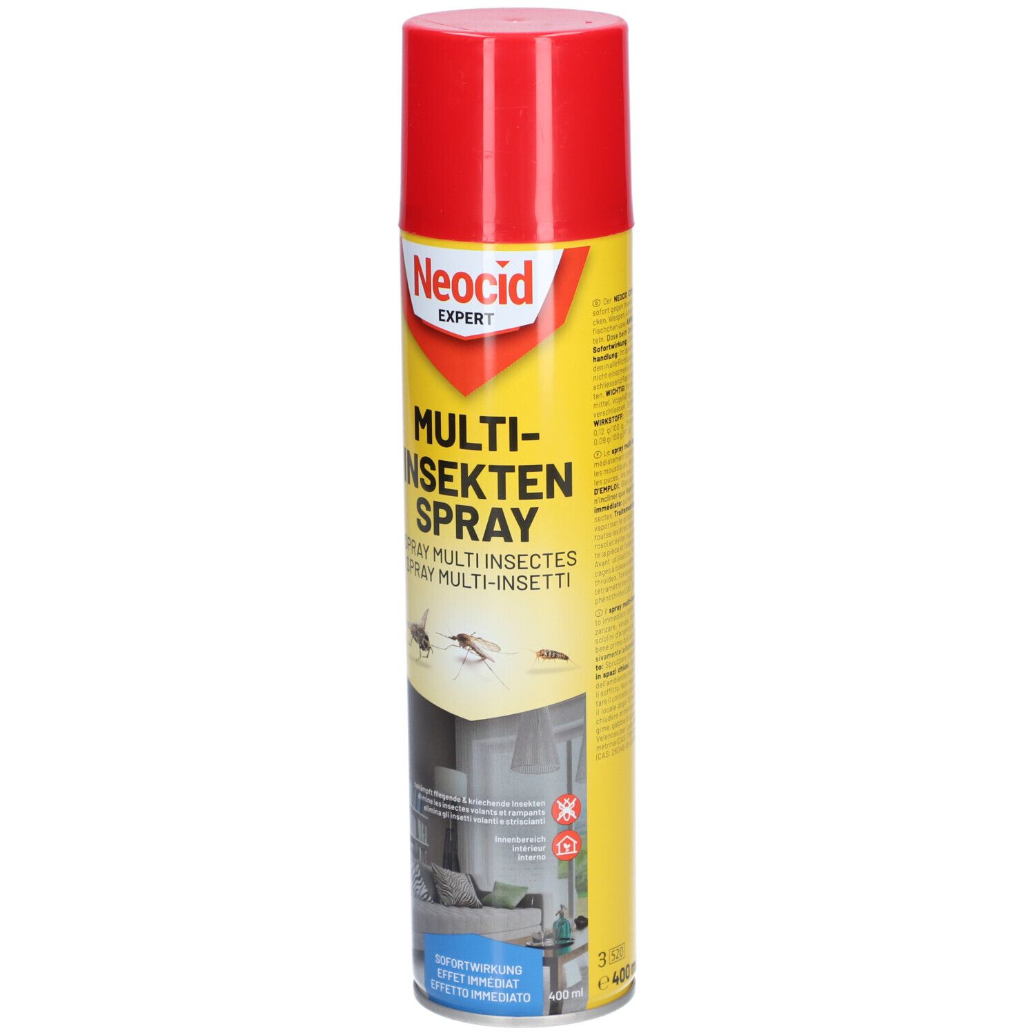 Gelb-rote Sprühdose mit "NEOCID EXPERT" und "MULTI-INSEKTEN SPRAY" Aufschrift. Abbildung von Insekten.